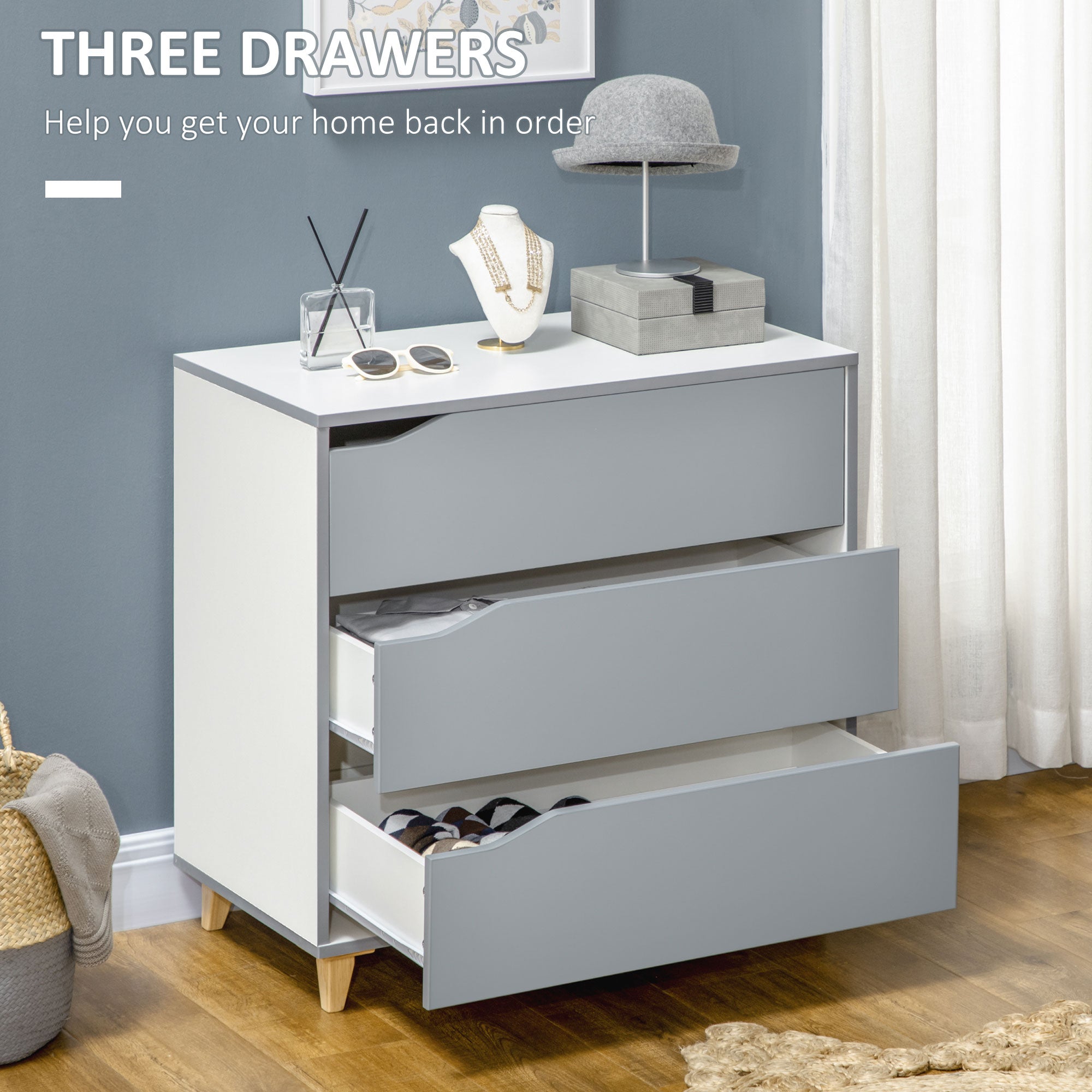 Bedroom Furniture Set, Wardrobe with Hanging Rail, 3 Drawer Chest of Drawers, Bedside Table with Drawer, Grey and White