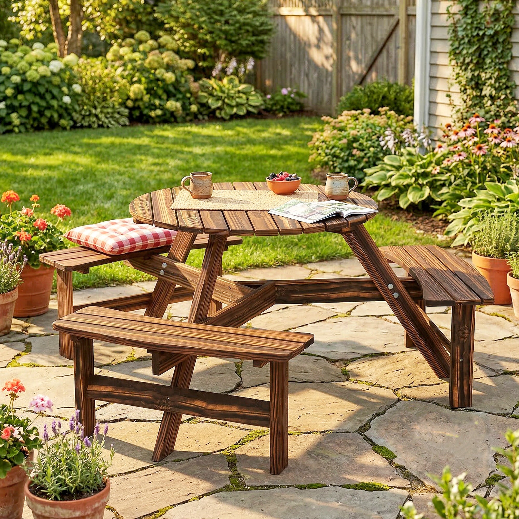 Wooden Garden Dining Set, 6 Seater Round Dining Picnic Table with Matching Bench, Garden Furniture Set with Parasol Hole for Outdoor Patio Party and Family Gatherings, Carbonized