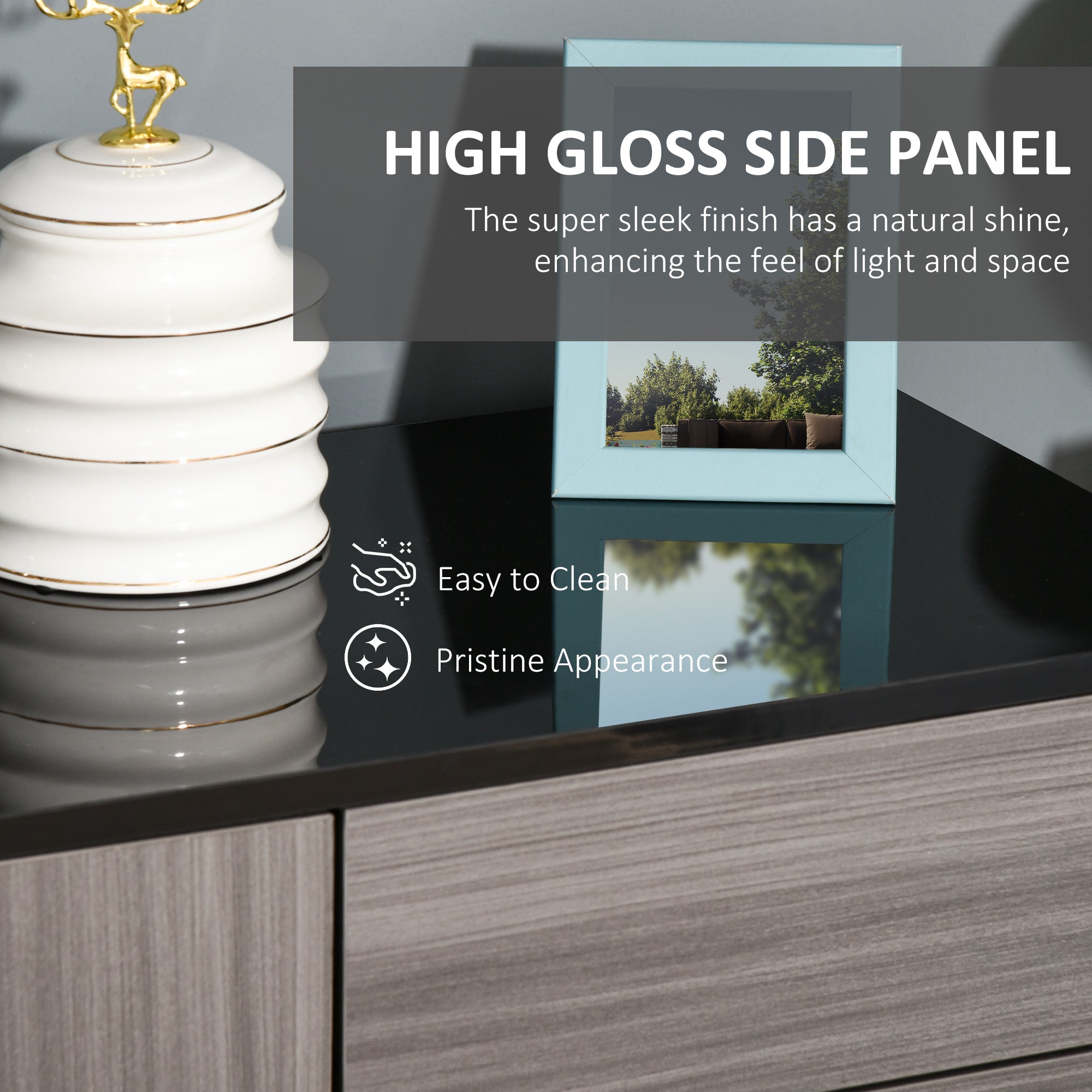 High Gloss Frame Sideboard, Side Cabinet, Push-Open Design with 2 Drawer for Living Room, Bedroom, Light Grey and Black