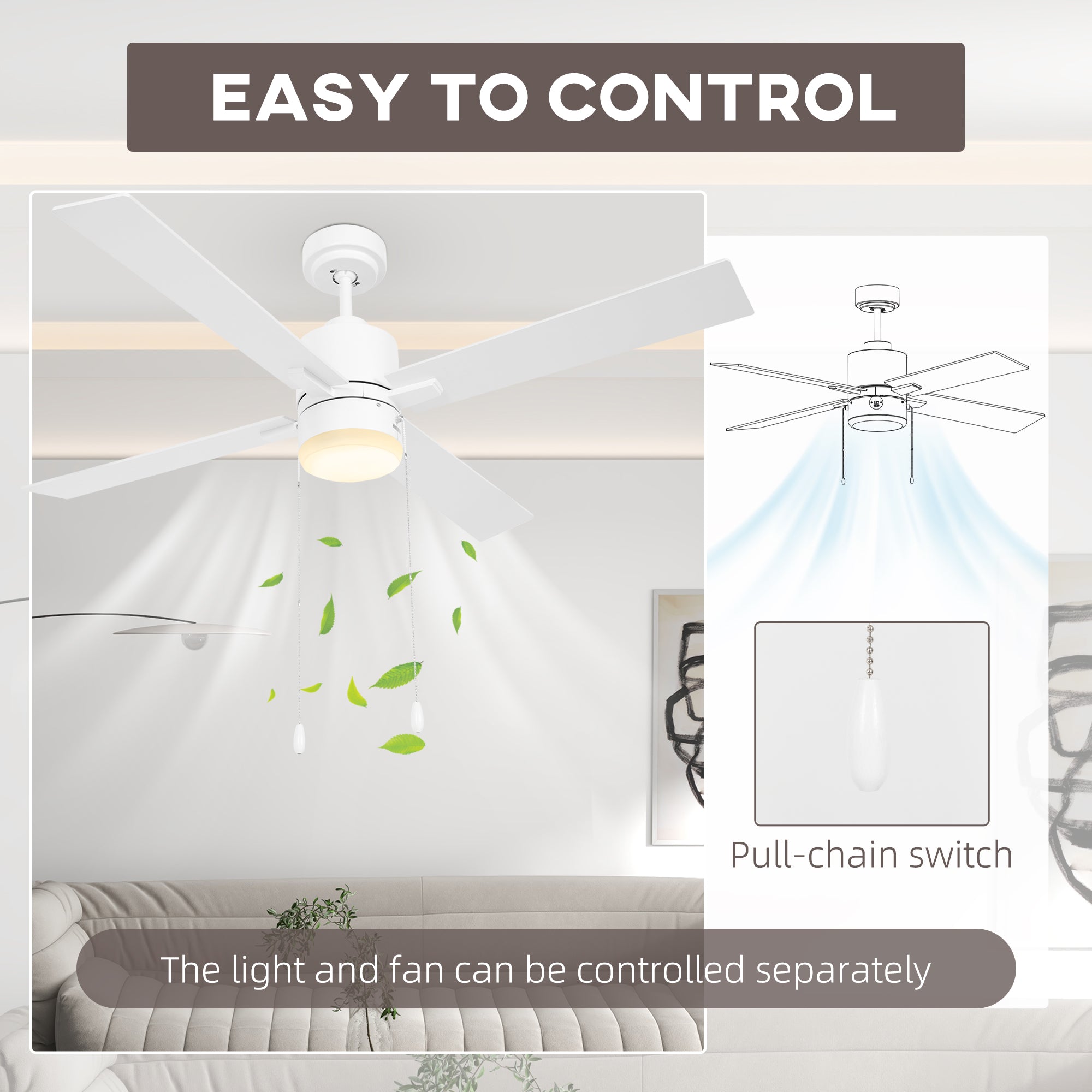 Ceiling Fan with LED Light, Flush Mount Ceiling Fan Lights with Reversible Blades, Pull-chain, White and Natural Tone