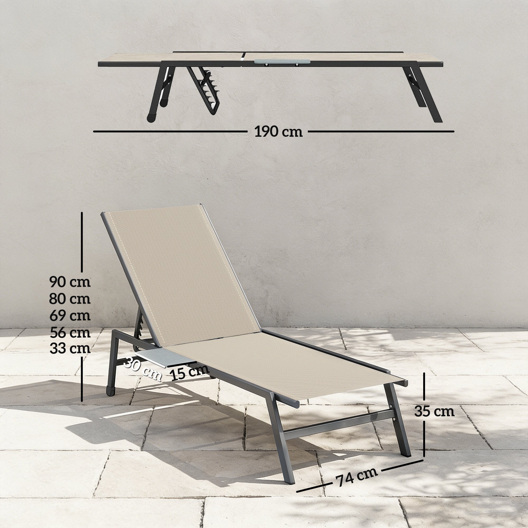 Sun Loungers Set of 2 with Side Tray Table, Garden Recliners with 5-Position Adjustable Backrest, 2 Wheels, Khaki