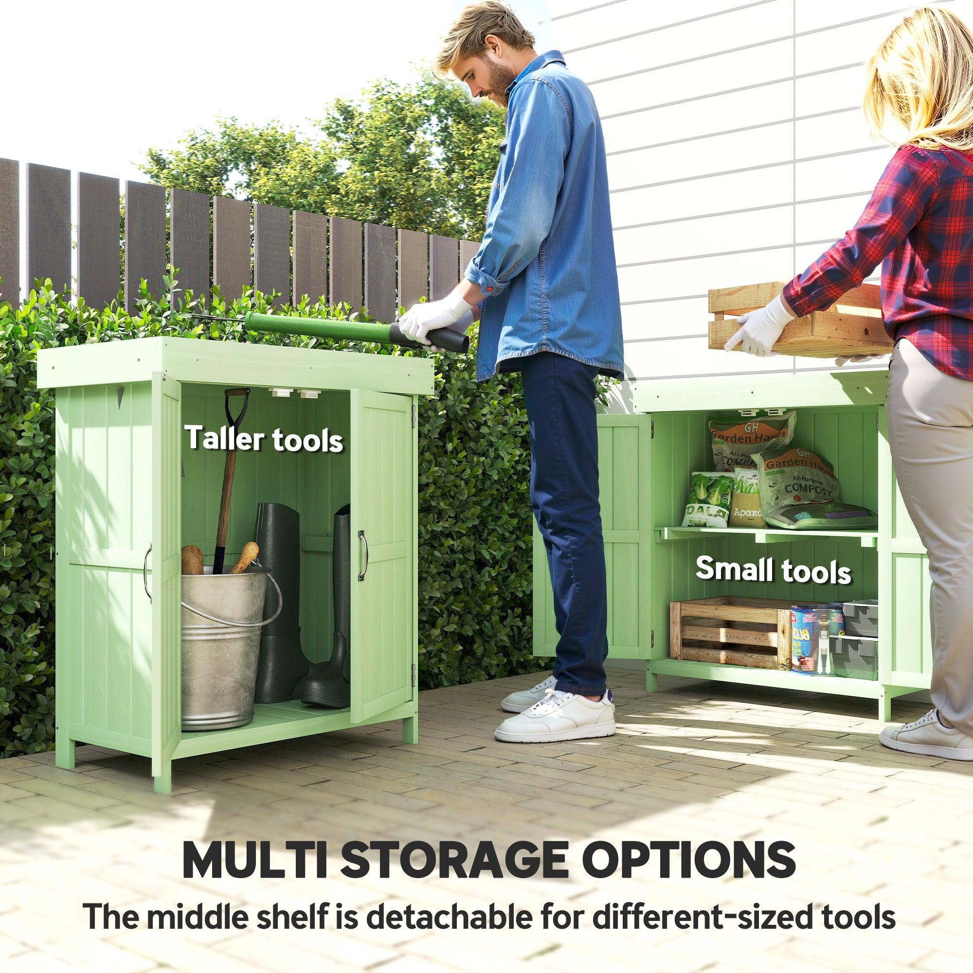 Small Shed, Wooden Garden Shed with Openable Hinged Roof and Removable Shelf, 74 x 43 x 88 cm, Light Green