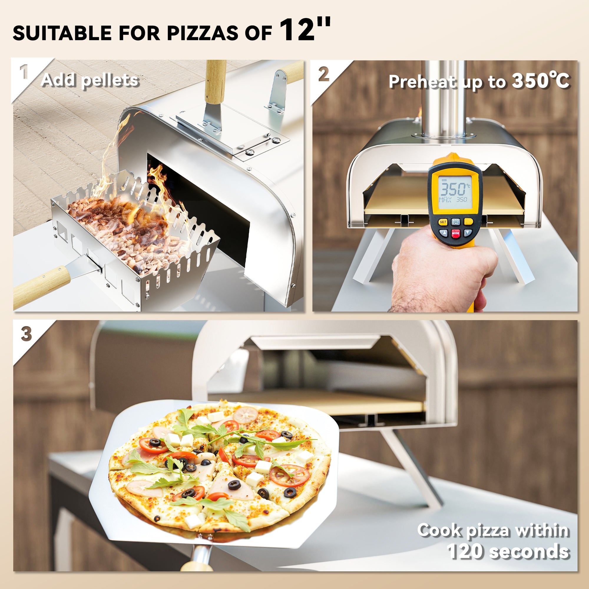 12 Inch Portable Wood Fired Pizza Oven with Foldable Legs and Stainless Steel Body - Silver Tone