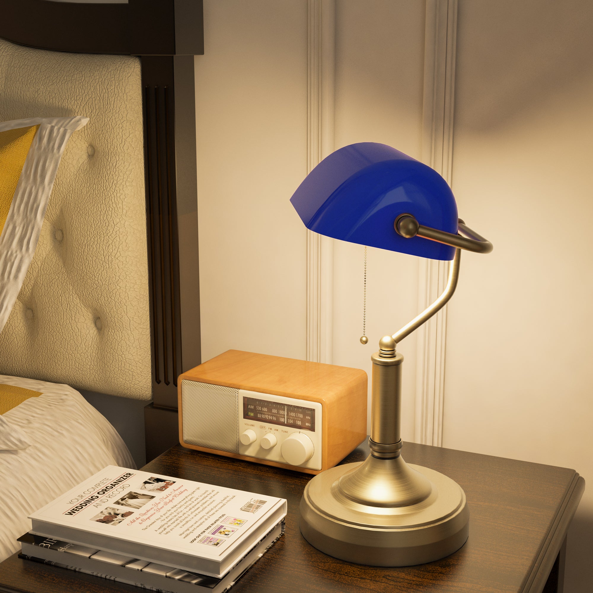 Banker's Desk Lamp with Antique Bronze Tone Base, Table Lamp with Blue Glass Shade for Home Office, Blue