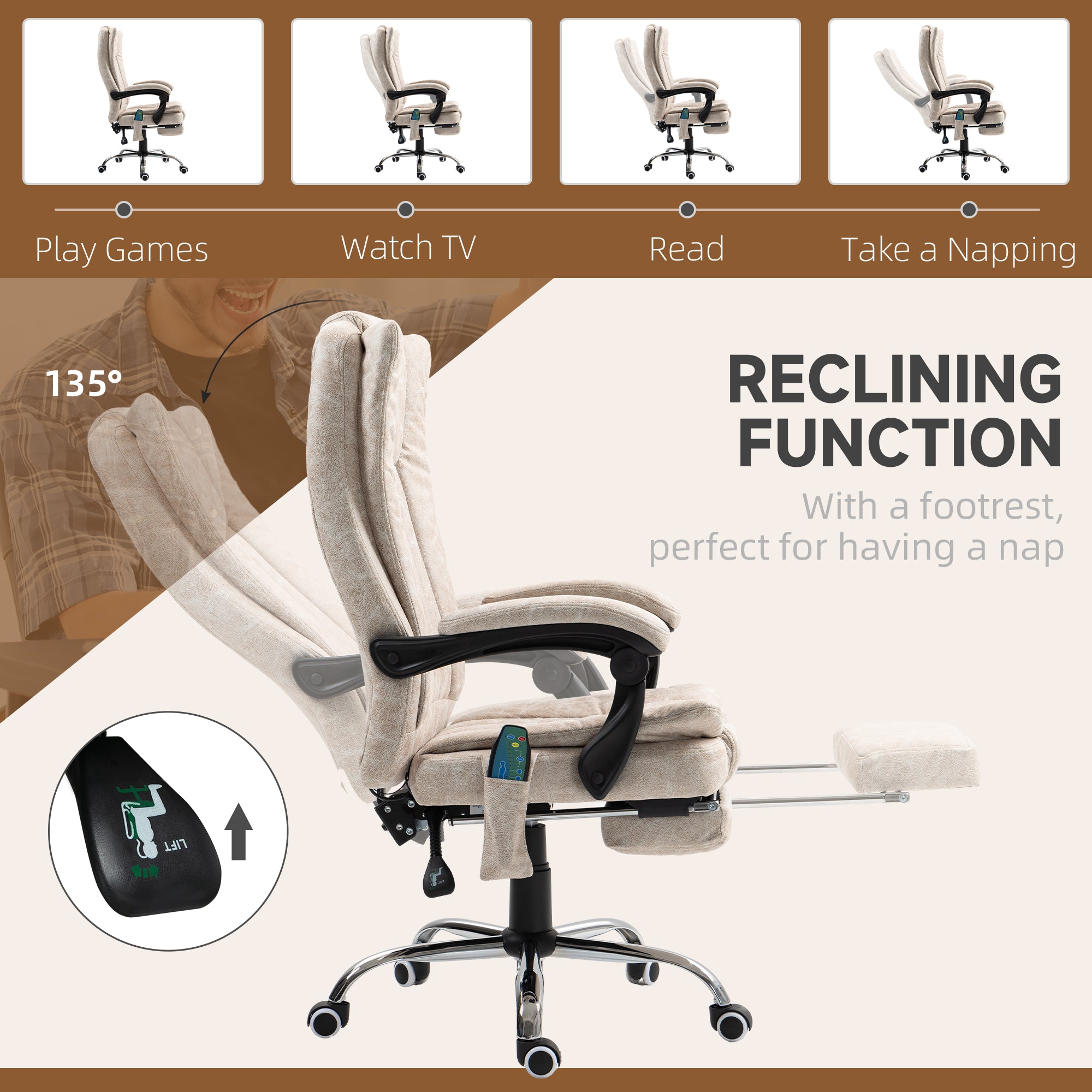 Vibrating Massage Office Chair with Heat, Desk Chair with Height Adjustable and Footrest, Cream White