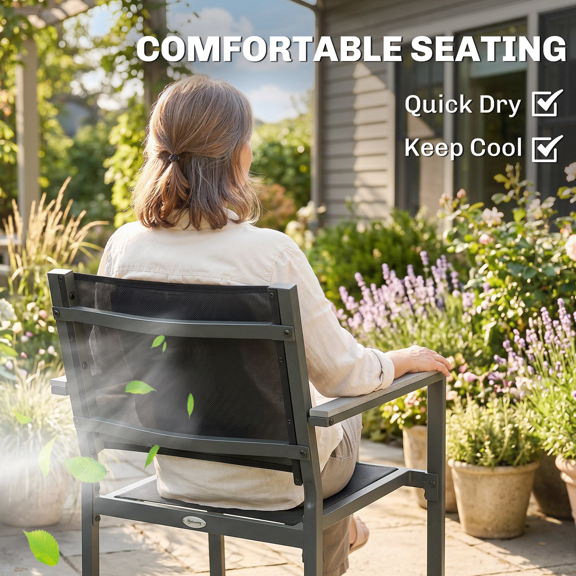 Garden Dining Set with Acacia Wood Table Top, Outdoor Table and Stackable Chairs Set for 6 with Texteline Seat, Grey