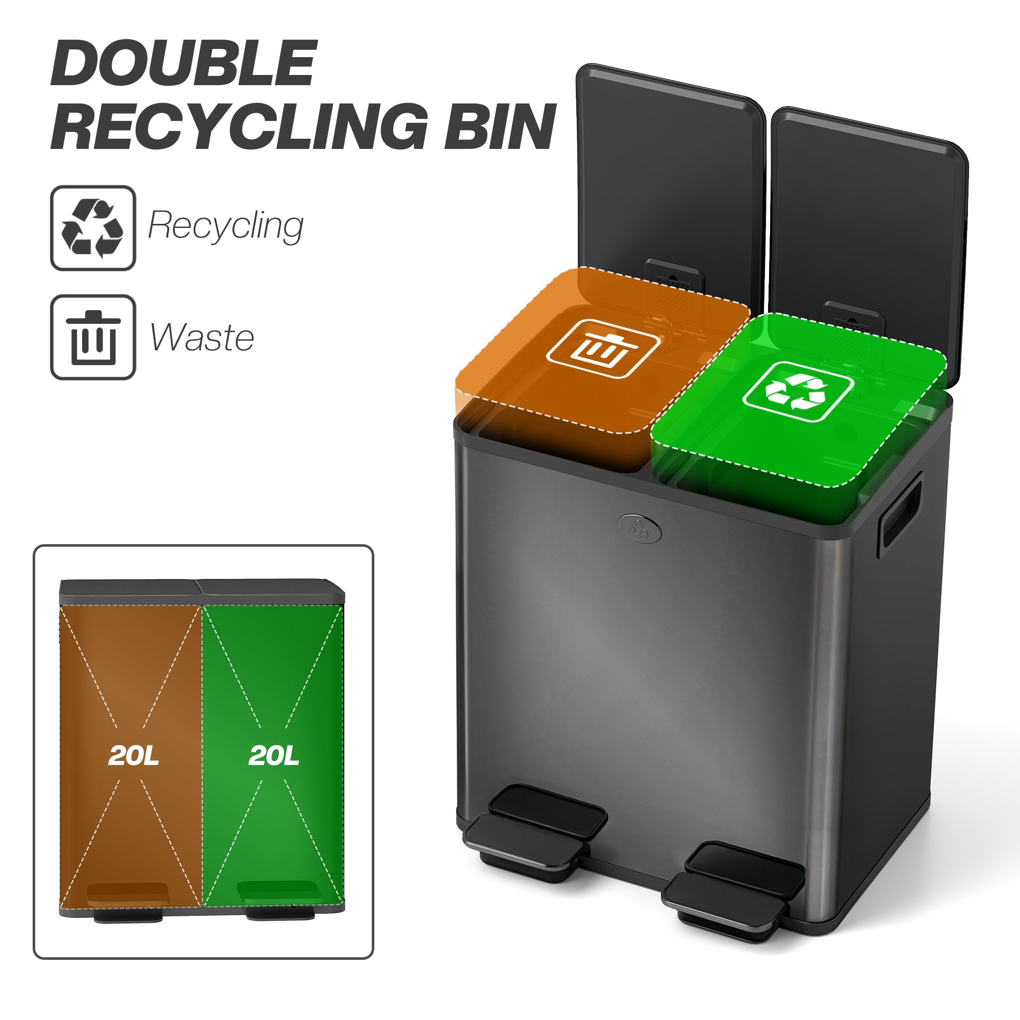 40L Dual Compartment Stainless Steel Bin, with Deodoriser Holders - Glossy Black