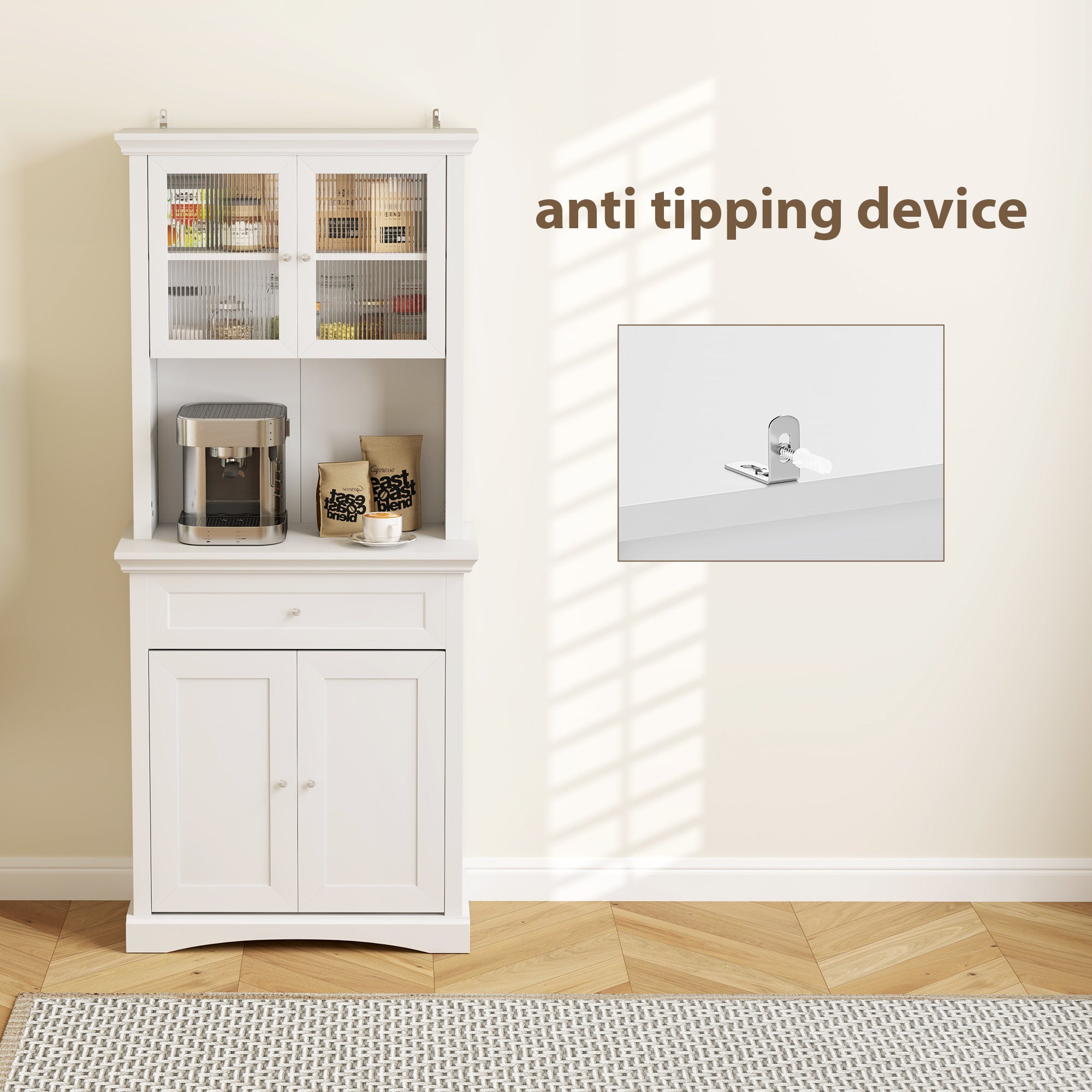 4-Door Kitchen Cupboard with Drawer, Freestanding Kitchen Cabinet with Glass Doors, Adjustable Shelves and Open Counter, White