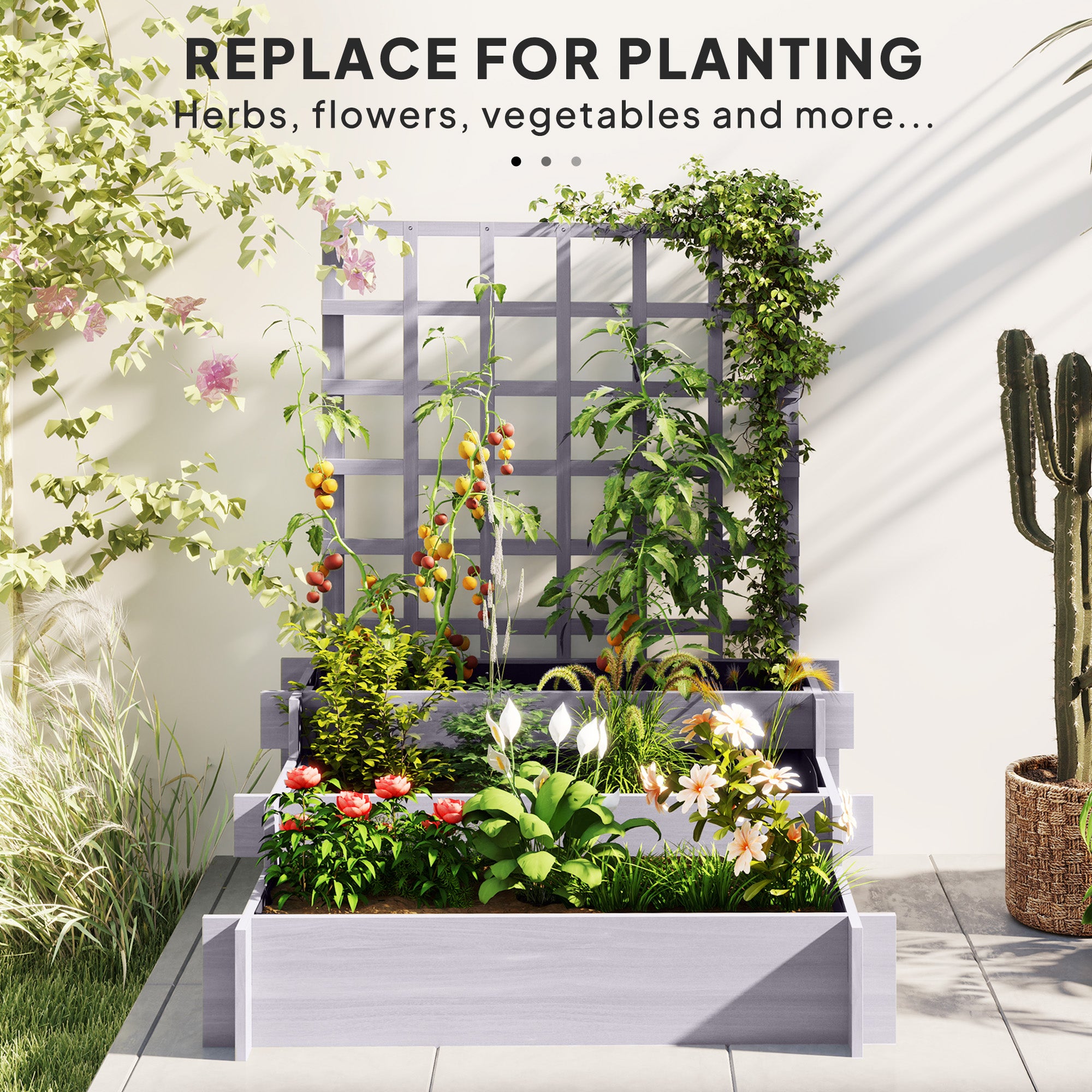 3 Tier Garden Planters with Trellis for Vine Climbing, Wooden Raised Beds, 95x95x110cm, Grey