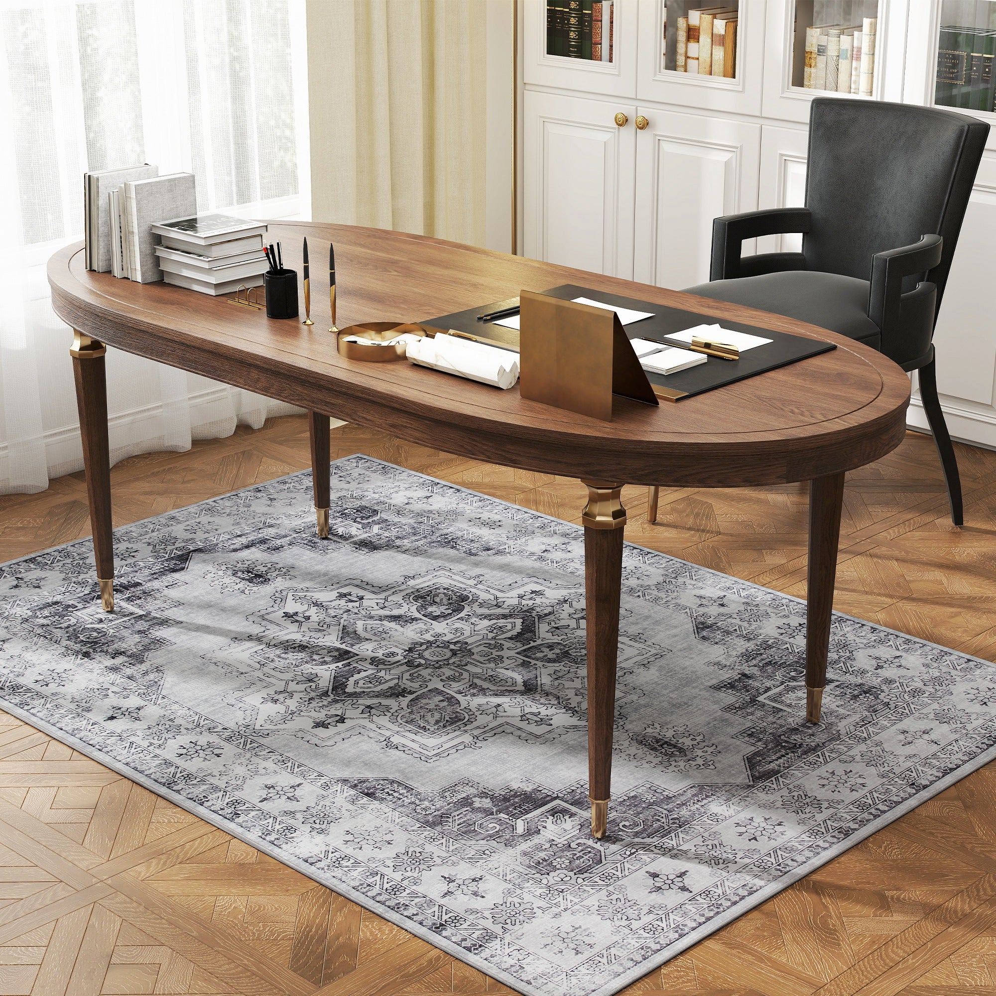 Vintage Area Rug, Non-Slip Washable Rug, Flannel Floor Carpet for Living Room, Bedroom, Dining Room, Home Office, 170 x 120 cm, Grey
