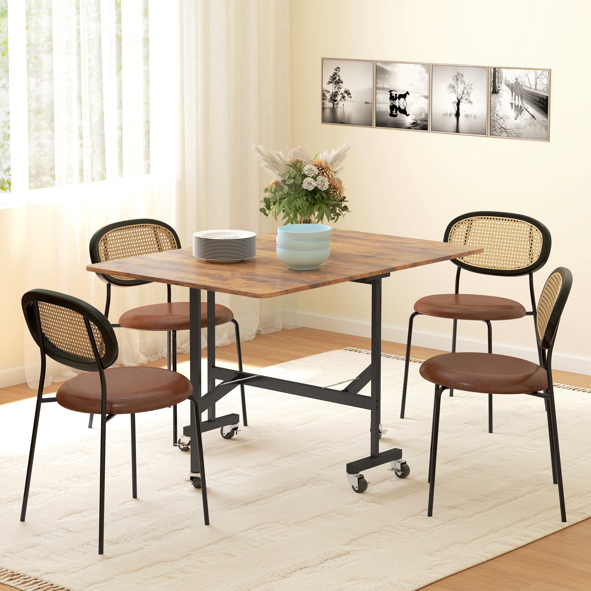 Six-Seater Drop-Leaf Dining Table, with Wheels - Brown Wood-Effect