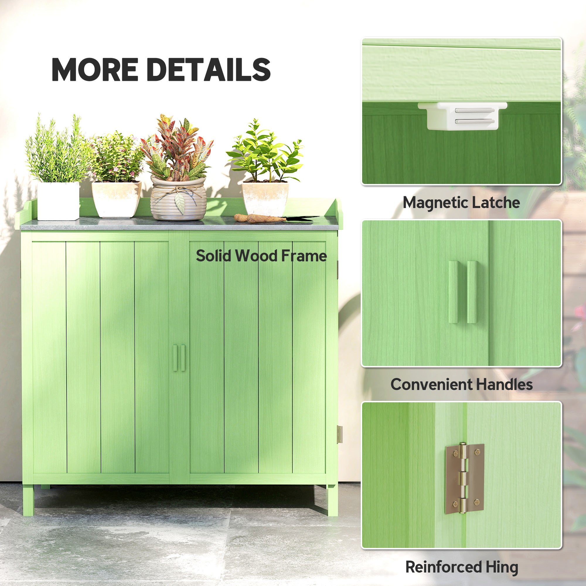 Wood Garden Storage Cabinet, Outdoor Tool Shed, Potting Bench Table with galvanised Top and Two Shelves for garden Tools or Pool Accessories, Green