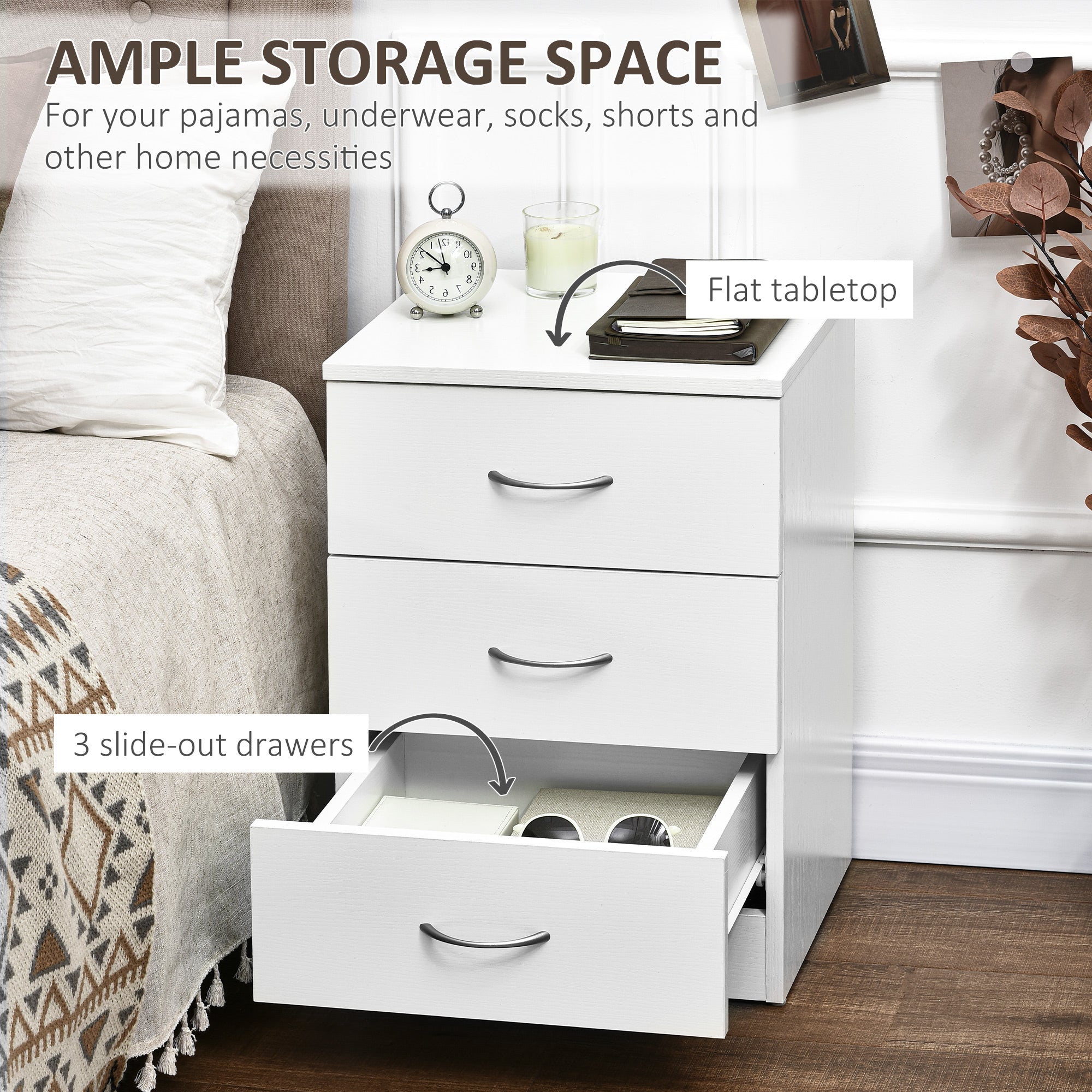 Three-Drawer Simple Bedside Table - White