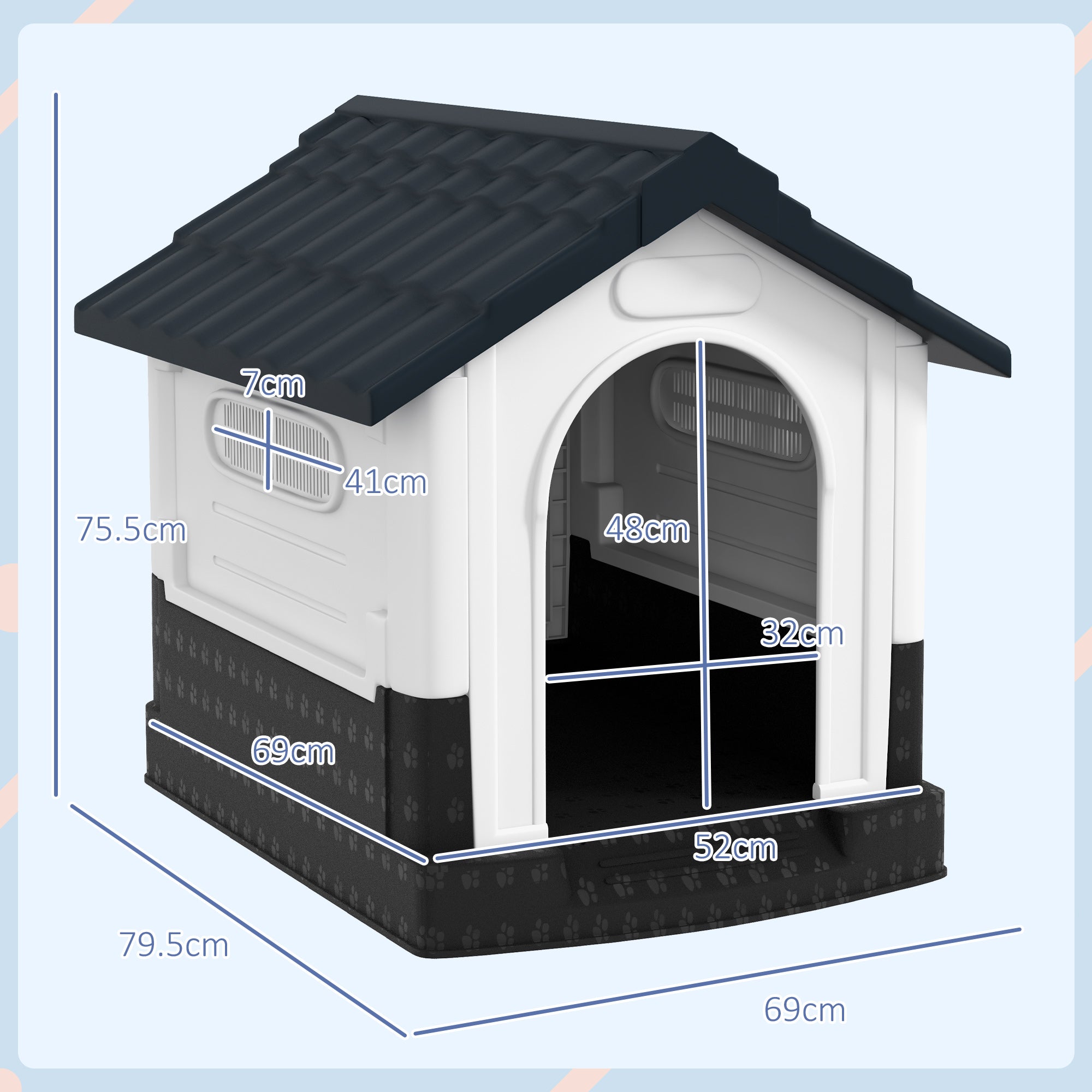 Plastic Dog Kennel with Windows, for Garden Patio, Miniature and Small Dogs, 80 x 69 x 76cm - Grey