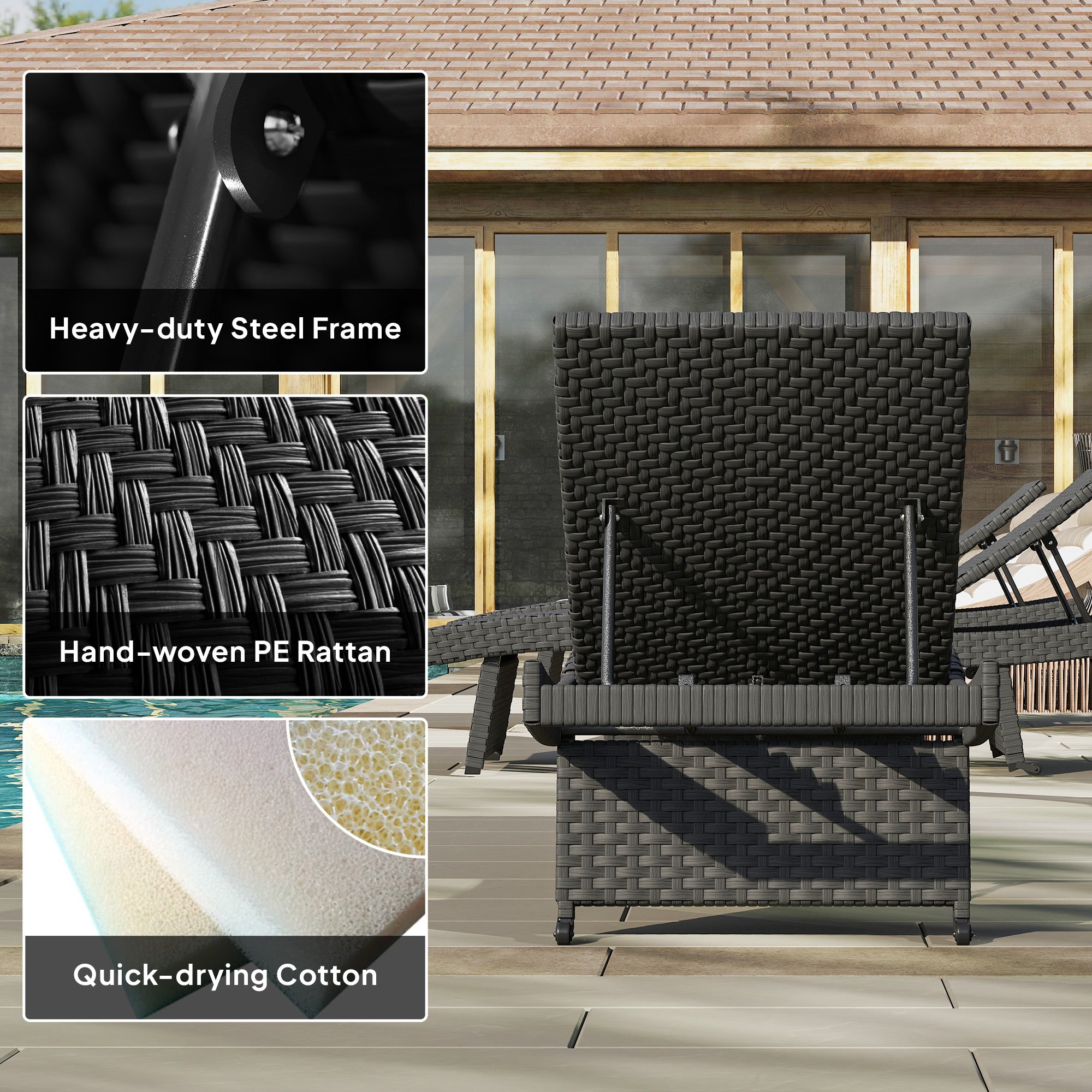 1 Piece Outdoor PE Rattan Sun Lounger with Wheels - Black