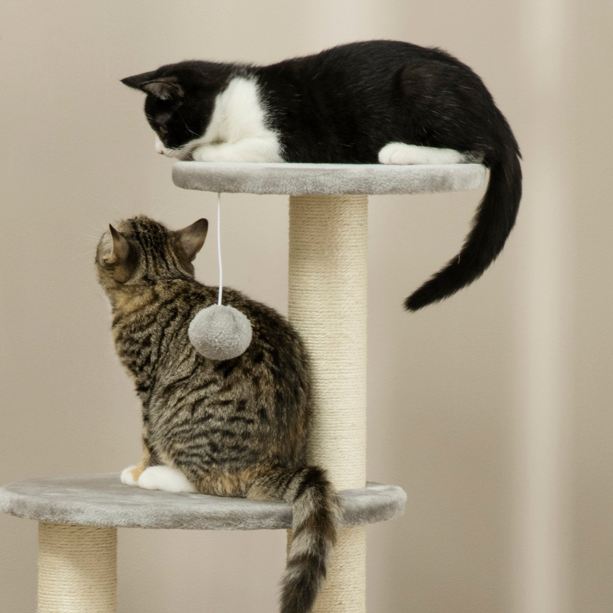 Multi Level Cat Tree, with Scratching Post, Toy Ball, Cat House and Hammock - Light grey