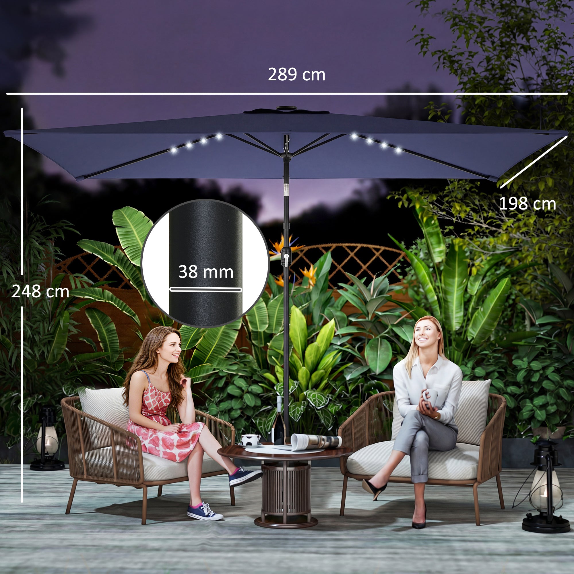 3 x 2 m Garden Parasol Umbrella with LED Solar Light, Parasol Cover, Outdoor Market Patio Umbrella, Navy Blue