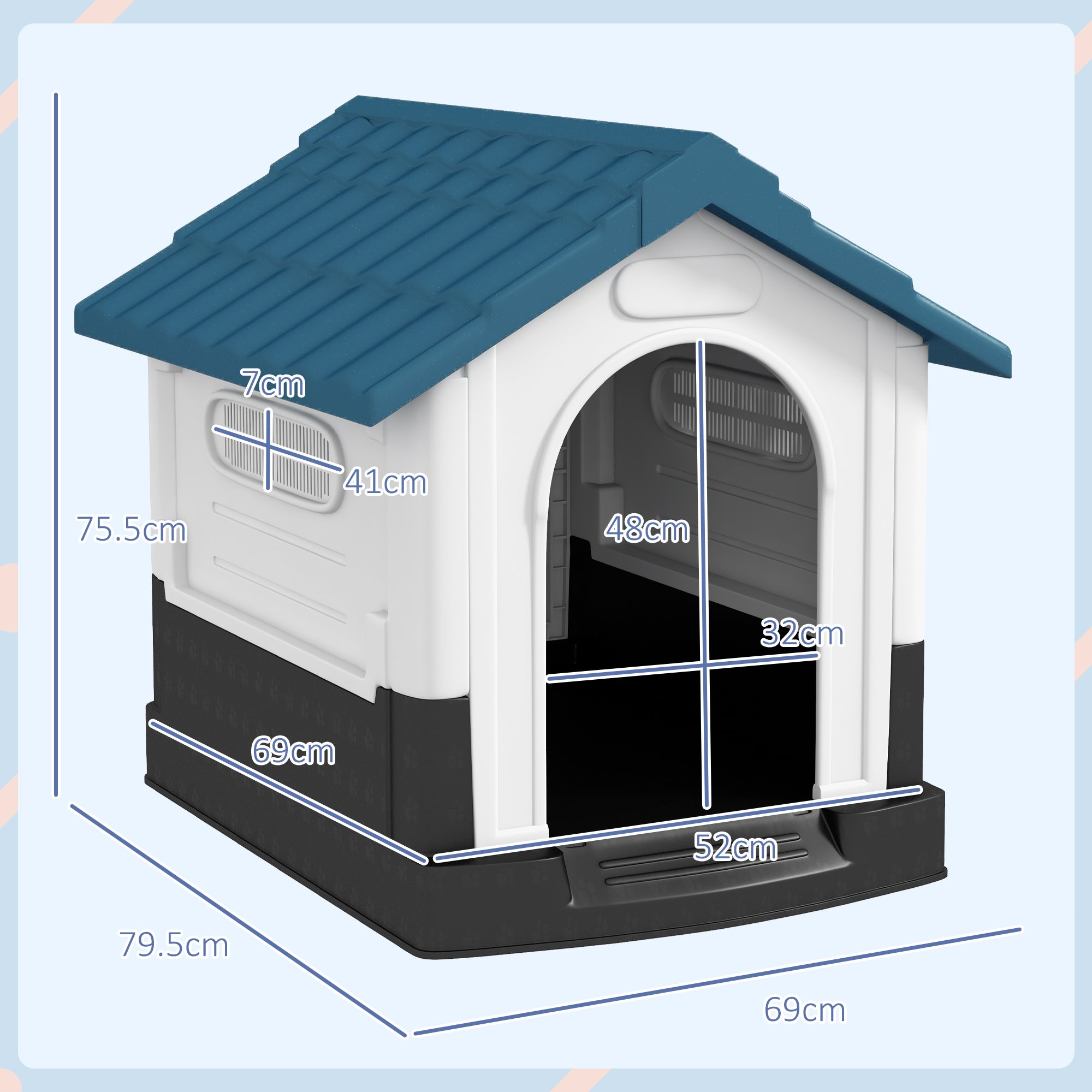 Plastic Dog Kennel with Windows, for Garden Patio, Miniature and Small Dogs, 80 x 69 x 76cm - Blue