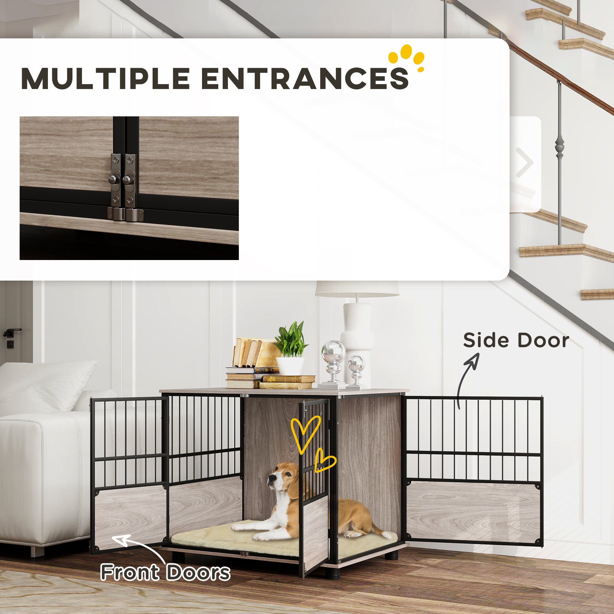 80cm Furniture Style Dog Crate with 3 Doors and Washable Cushion for Medium Dogs - Walnut Wood Finish