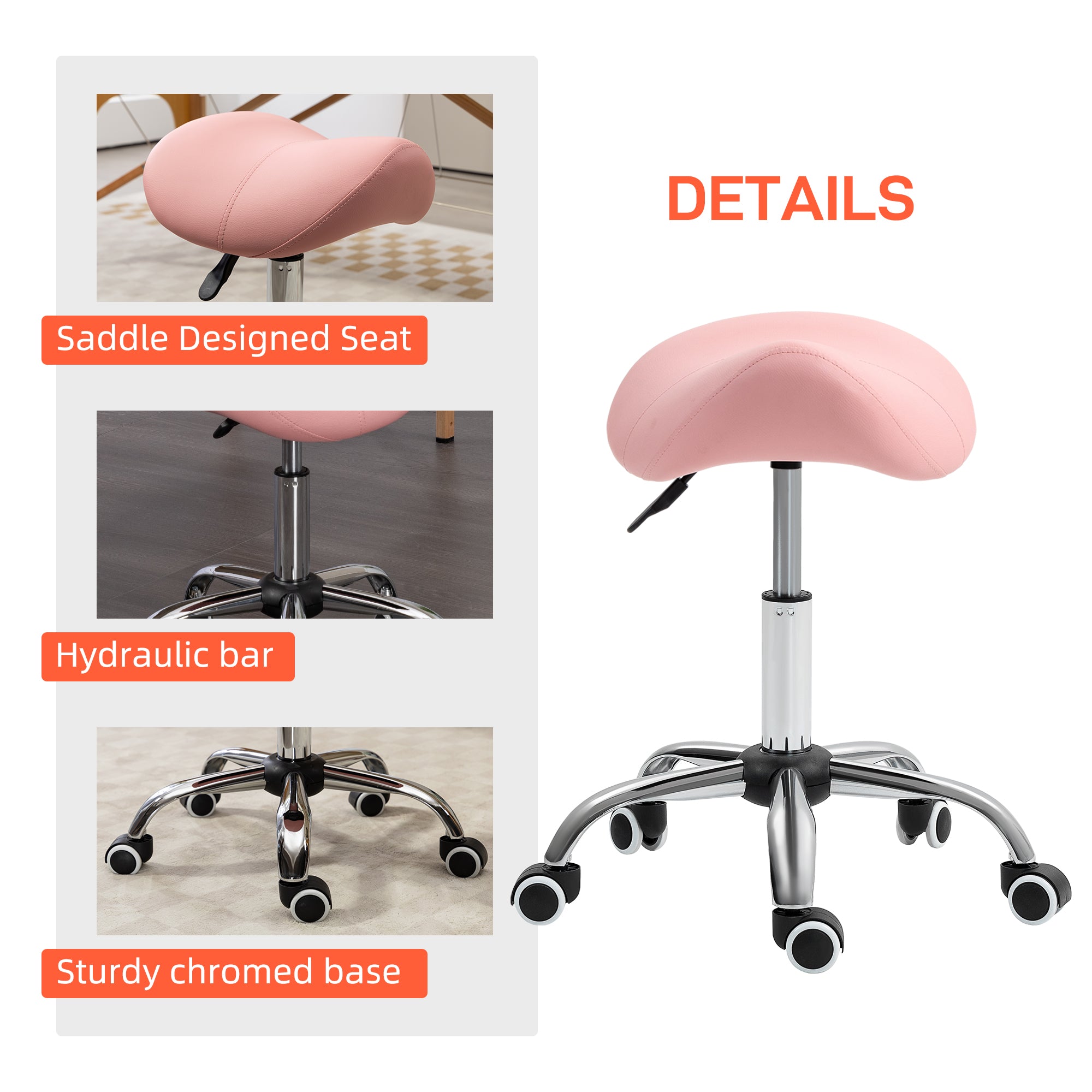 Saddle Stool, Height Adjustable Salon Chair for Massage Spa, Faux Leather, Pink