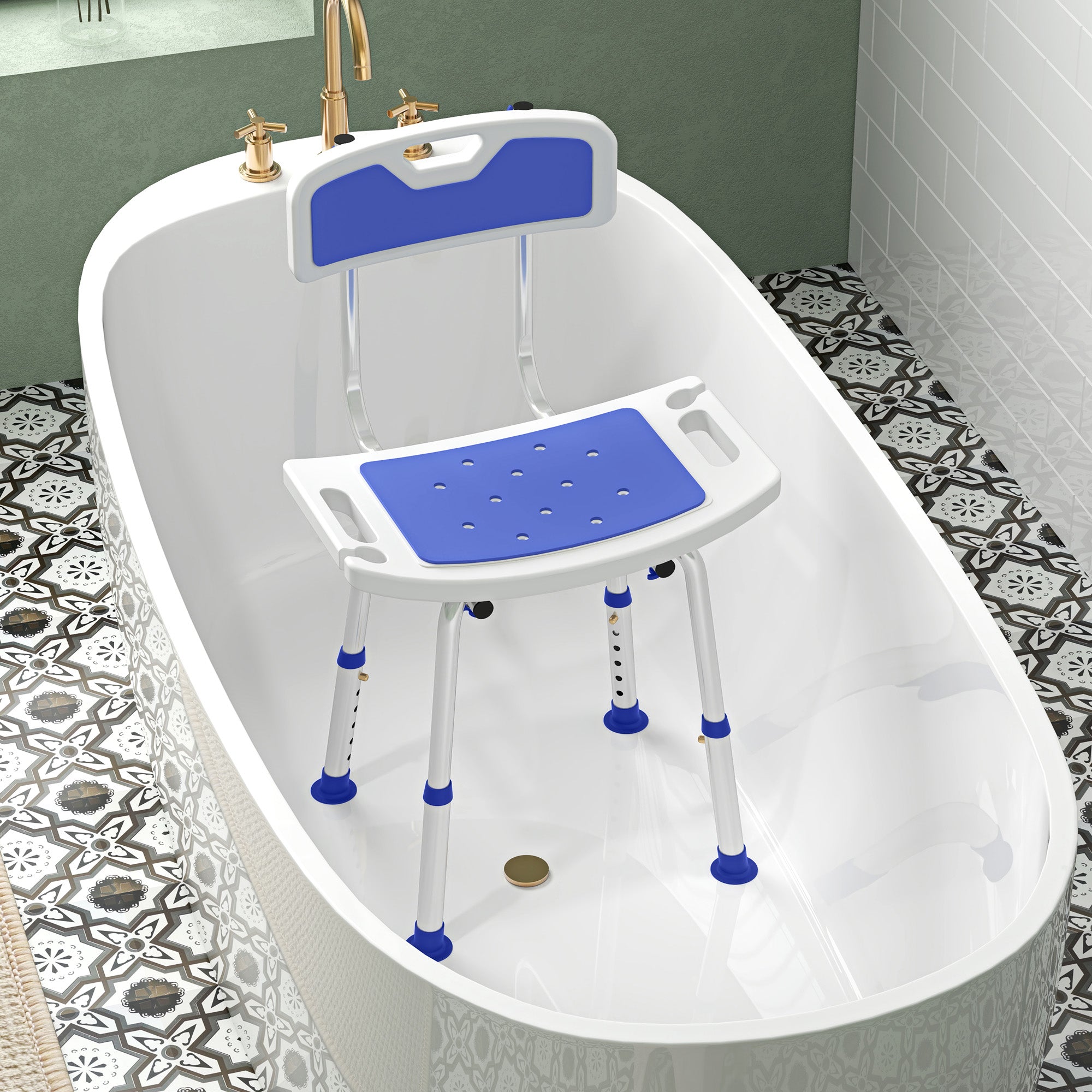 Shower Stool with Backrest, Height Adjustable Shower Chair with Anti-slip Foot Pads, Shower Head Holder, Blue