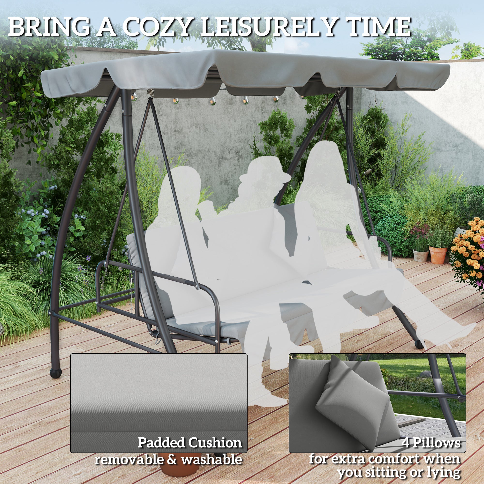 Outdoor 2-in-1 3-Seater Swing Chair Lounger with Convertible Bed and Canopy - Light Grey