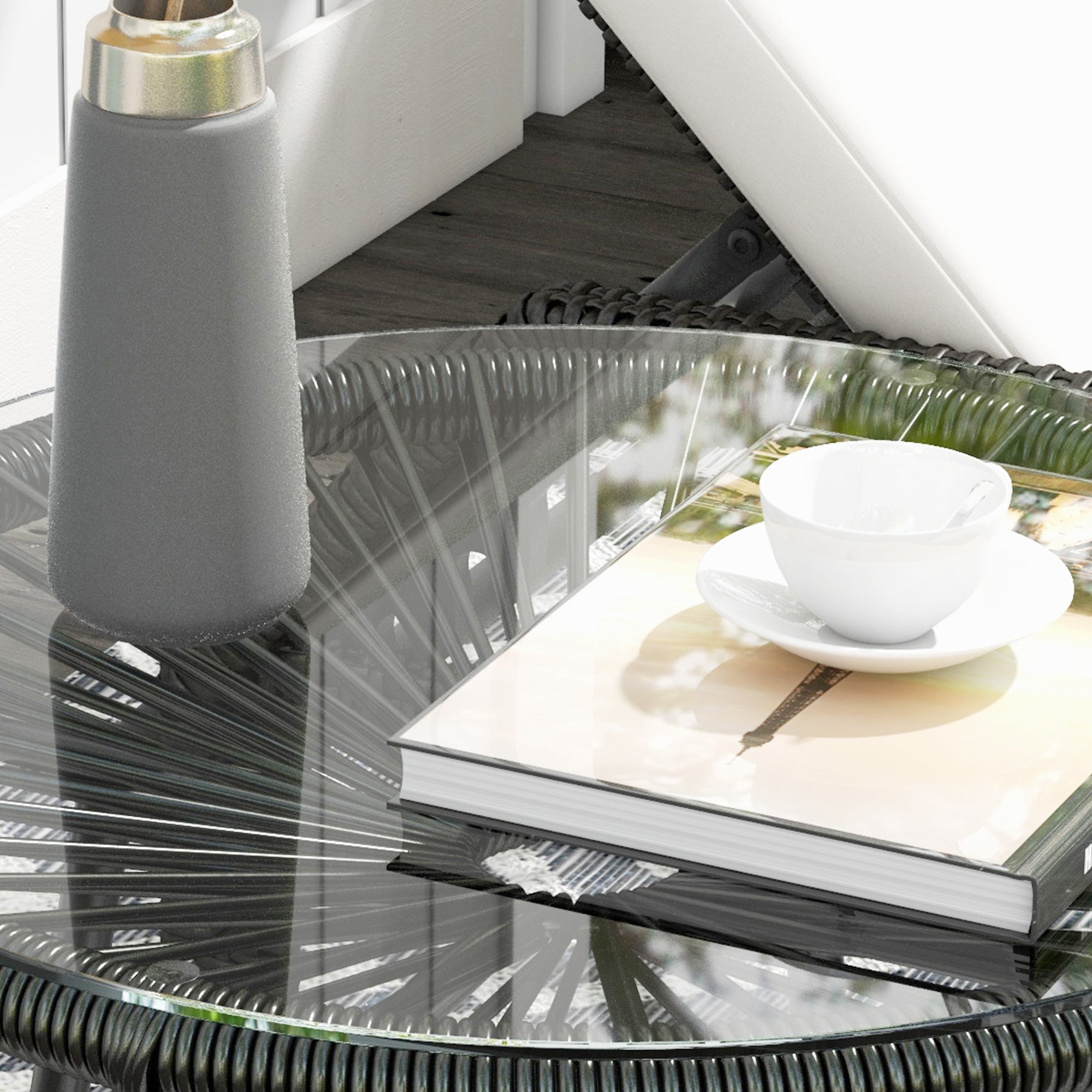 Rattan Side Table, Round Outdoor Coffee Table, with Round PE Rattan and Tempered Glass Tabletop for Patio, Garden, Balcony, Black