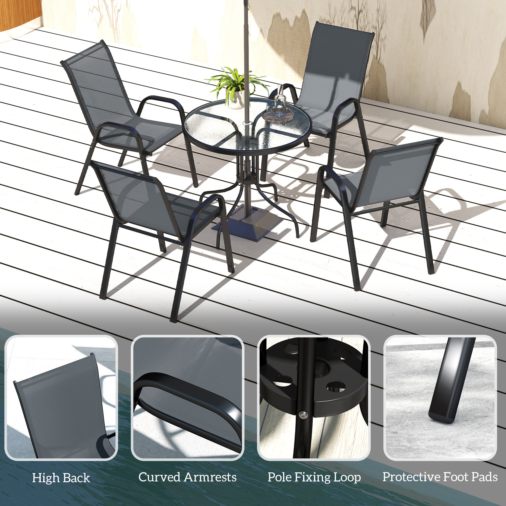 Five-Piece Steel Patio Set, with Glass-Top Table - Dark Grey