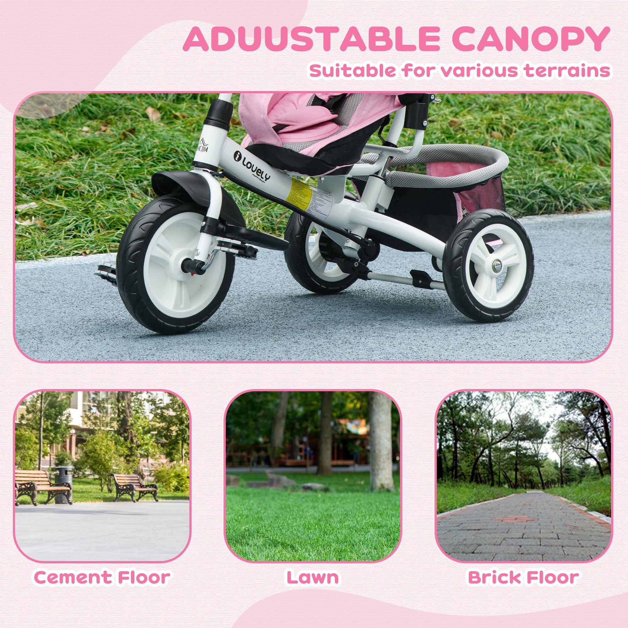 6 in 1 Kids Trike Push Bike w/ Push Handle, Canopy, 5-point Safety Belt, Storage, Footrest, Brake, for 1-5 Years, Pink