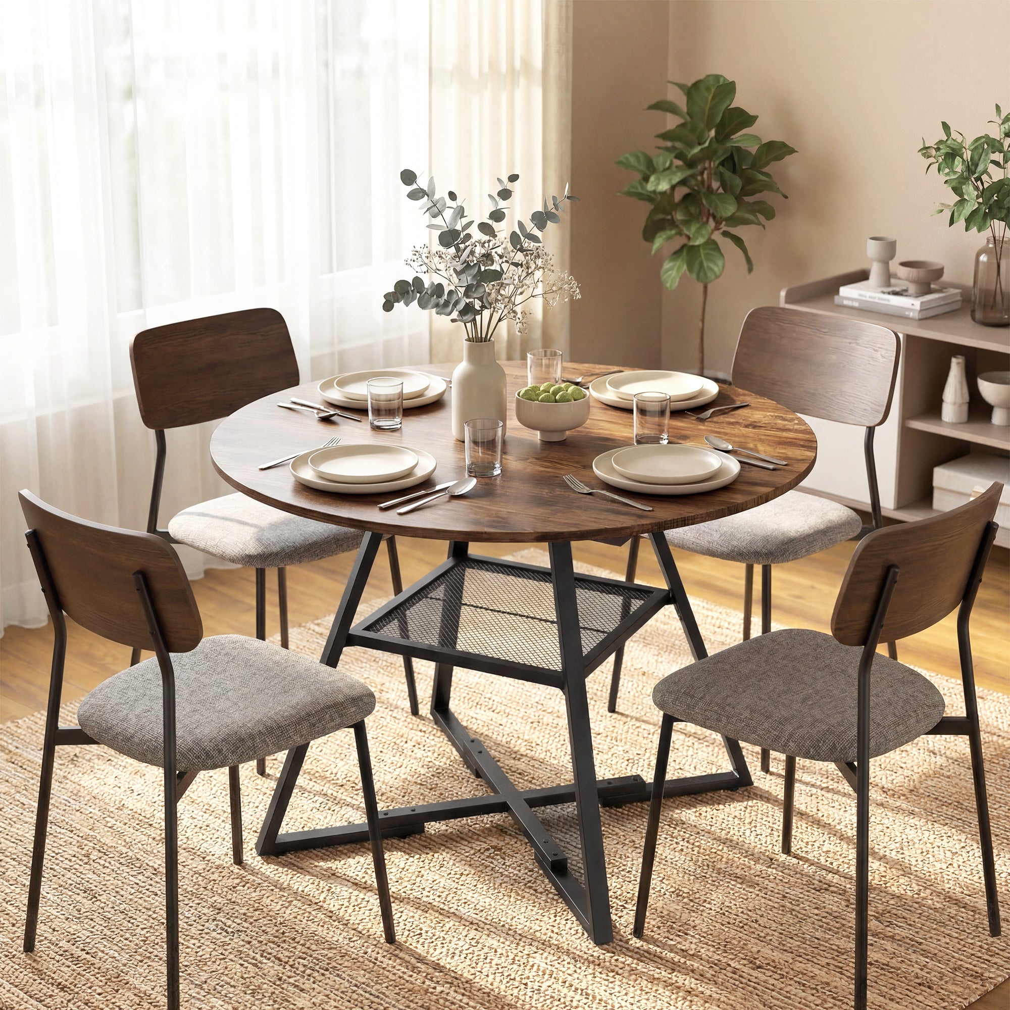 Dining Table for 4 People, 100 cm Round Industrial Kitchen Table with Storage Shelf, Rustic Brown