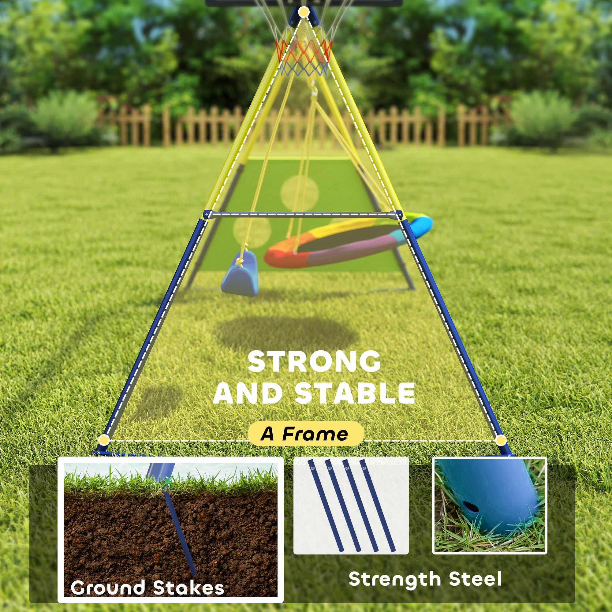 4-in-1 Kids Swing Set with Saucer Swing, Basketball Hoop and Football Goal, Outdoor Playground Playset for Garden