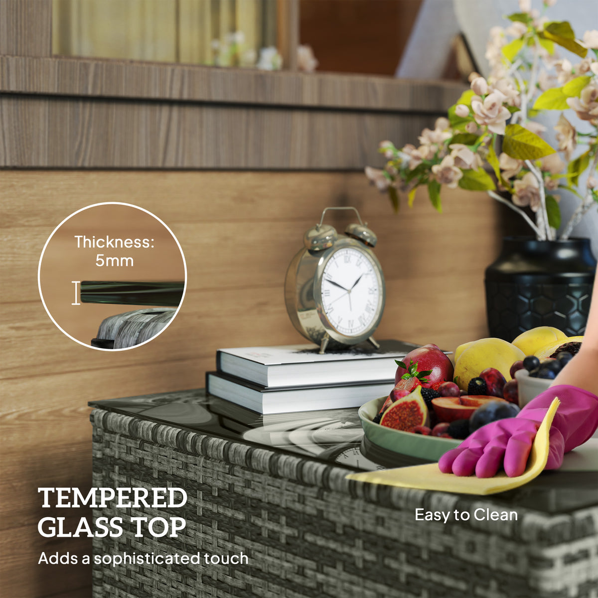 62 x 62cm Rattan Side Table with Glass Top - Light Grey