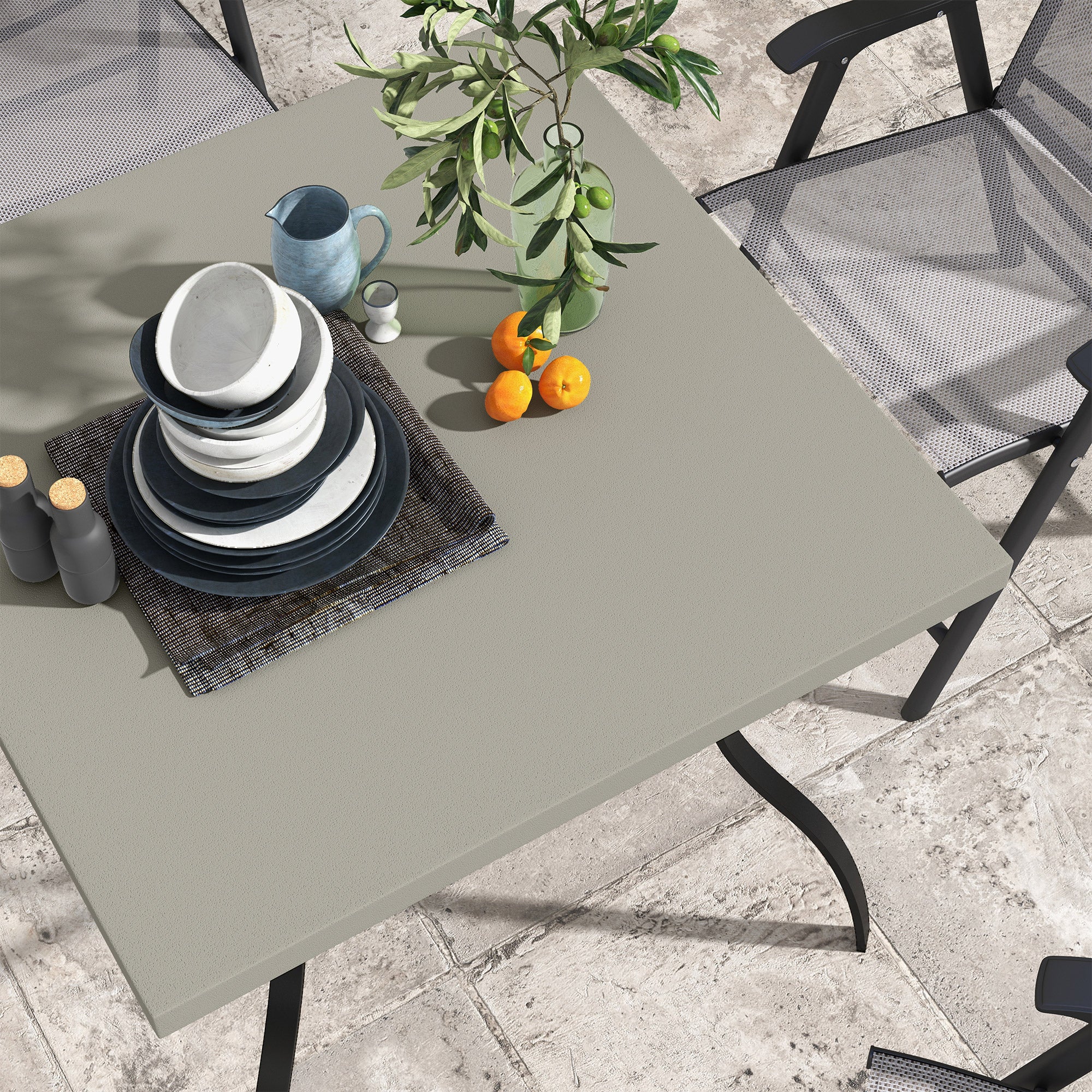 Four-Seater Steel Garden Table, with Parasol Hole - Grey/Black