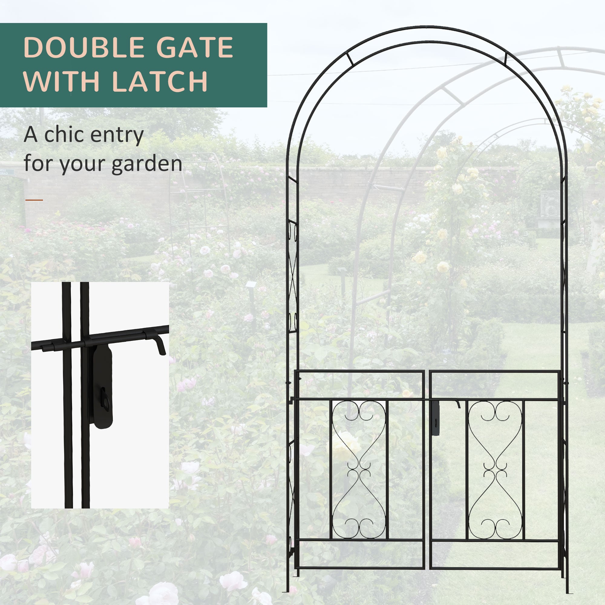 Decorative Garden Arch with Gate Set - Powder Coated Steel Black