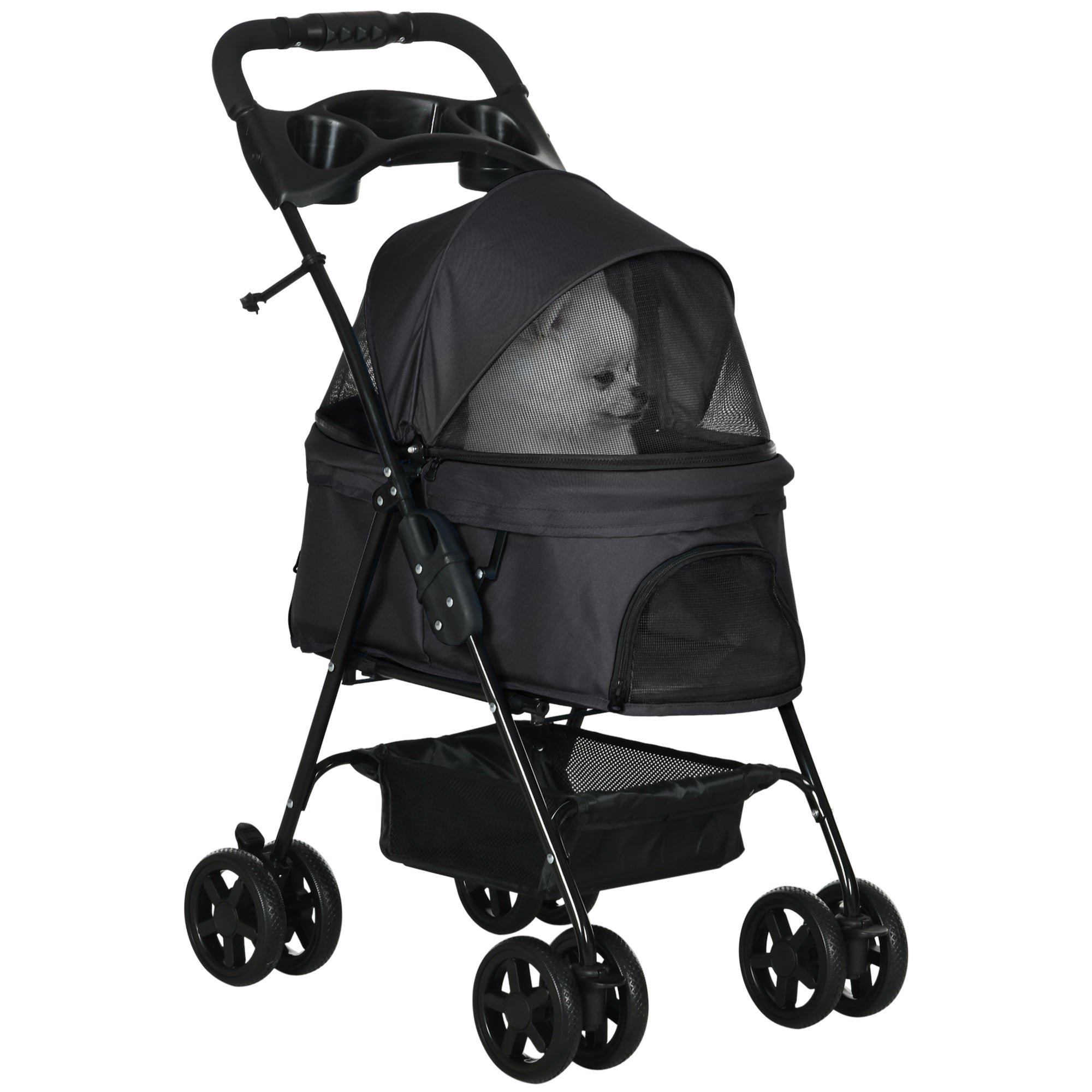 Dog Pram Dog Stroller Foldable Pet Pushchair with 4 Wheels, Safety Leashes, Cup Holder for Small Dogs, Black