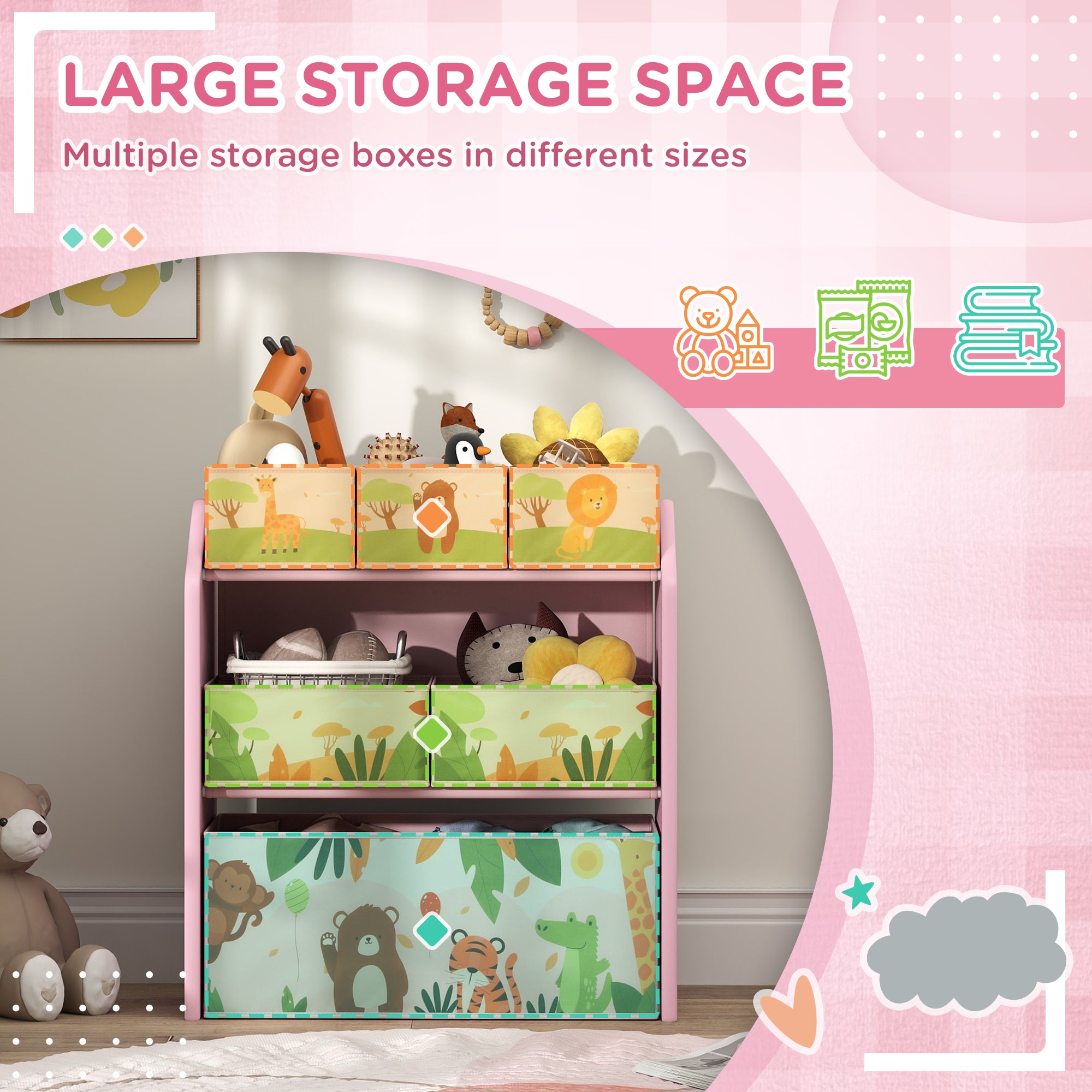 3 Tier Kids Toy Storage Unit with 6 Removable Boxes - Pink