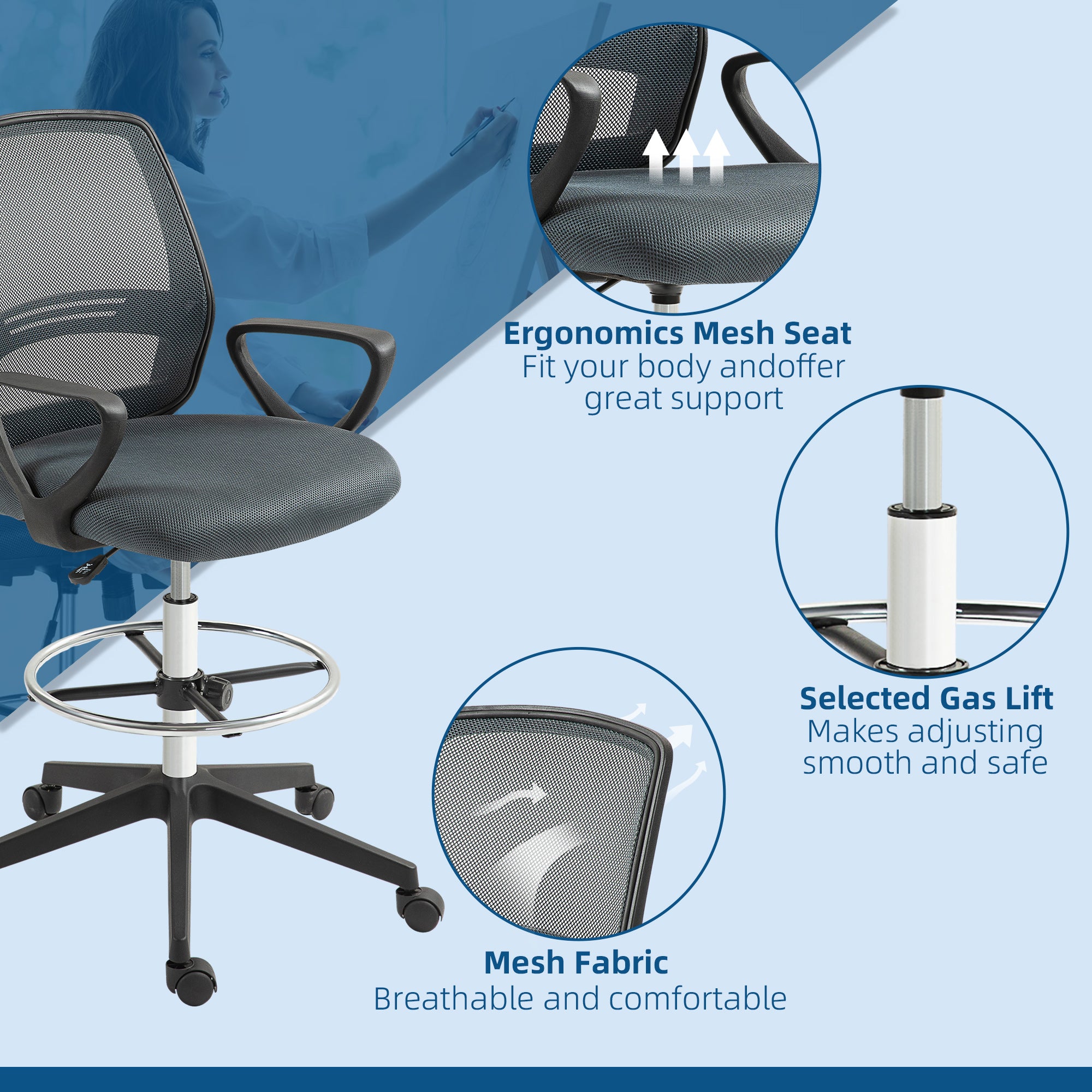 Ergonomic Mesh Back Drafting Chair Draughtsman Chair with Adjustable Height, Grey