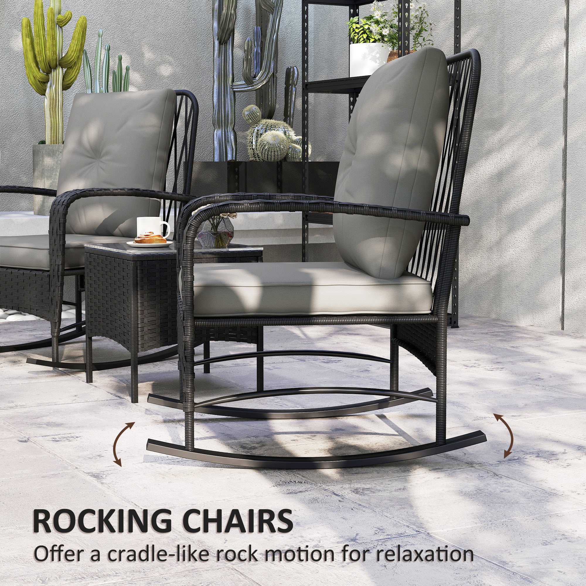 3 Piece Rocking Chair Rattan Bistro Set with Glass Table - Black
