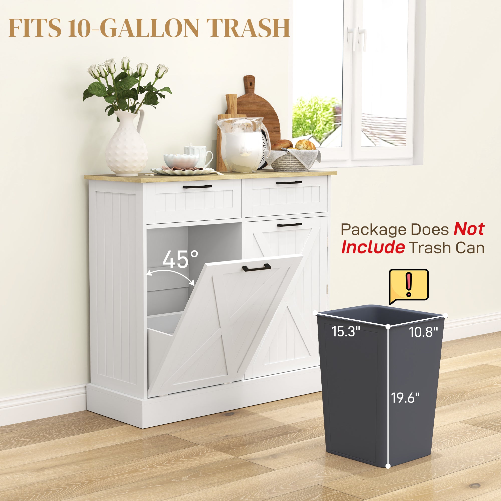 Sideboard with Tilt-out Trash Bin, Farmhouse Kitchen Sideboard with 2 Drawers, Adjustable Shelves, Door Racks, White