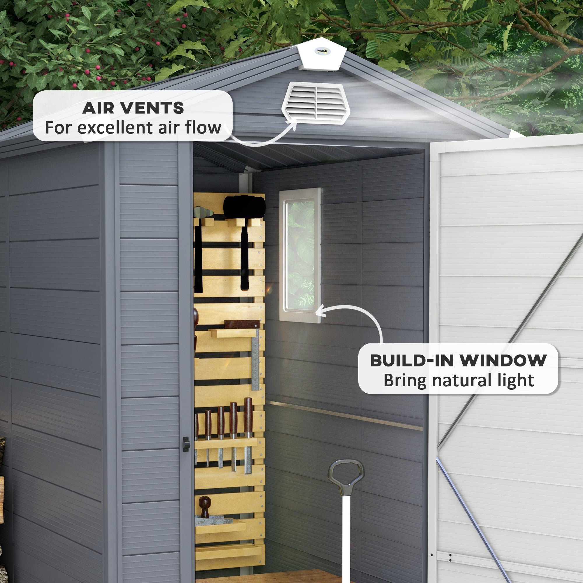 4.4ft x 6.2ft Aluminium Frame and Plastic Wall Shed, with Foundation - Grey