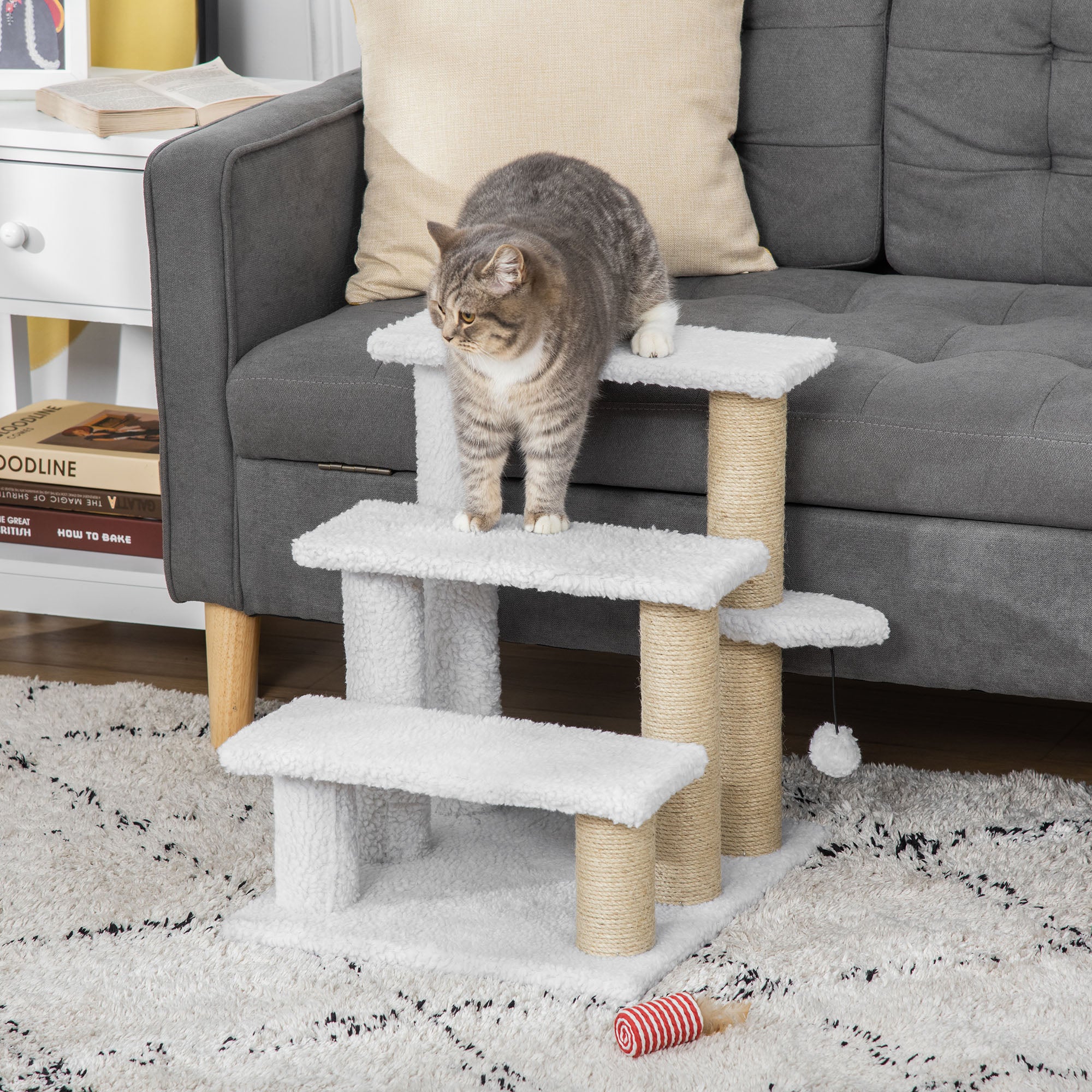 Pet Stair with 3-step Climb Ladder, Scratching Posts, Platforms, Toy Ball, for Indoor Elderly Cats Kittens, White