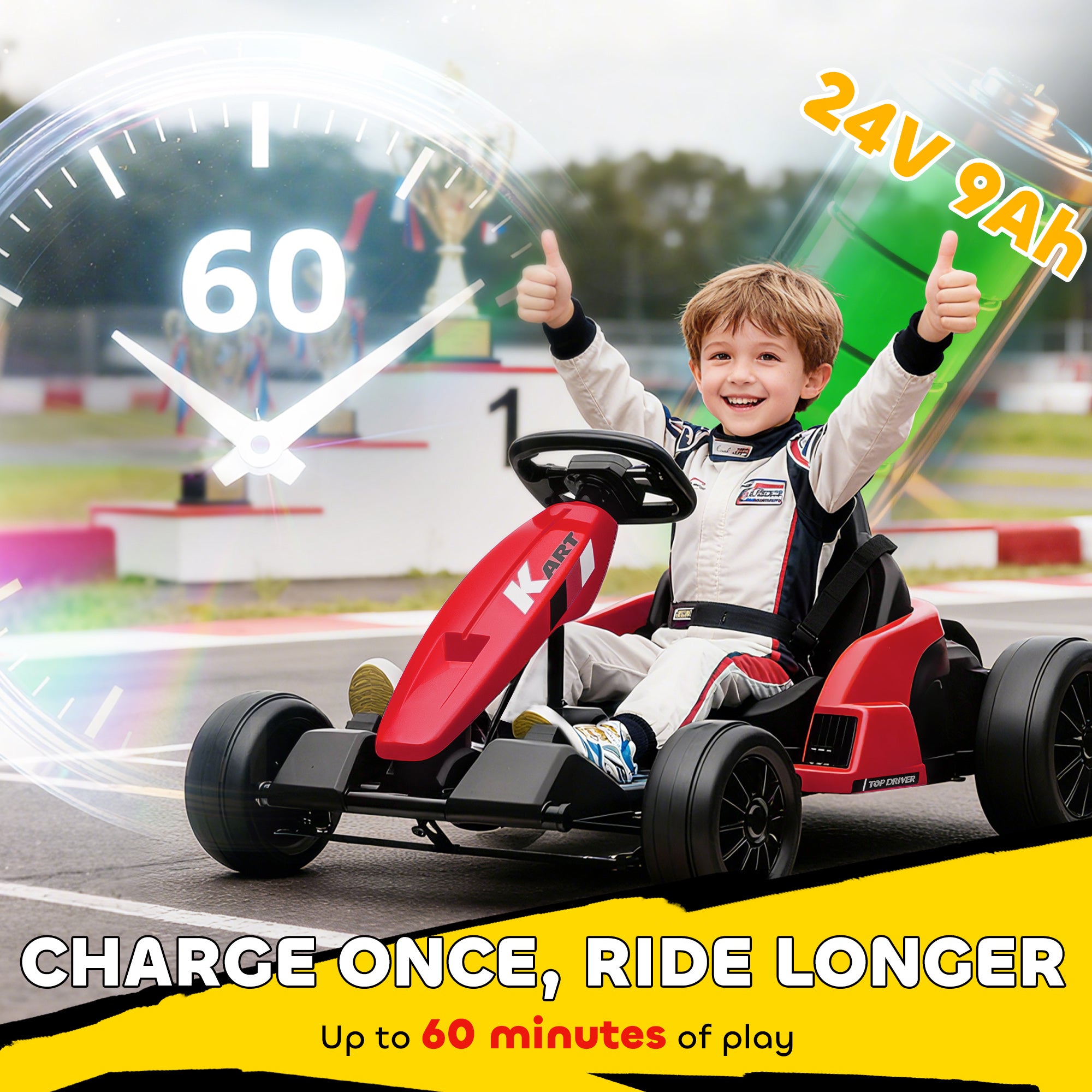 24V Electric Go Kart, Drift Kart with Adjustable Seat, Slow Start, 5-Point Harness, Music, Horn, for 6-12 Years, Red