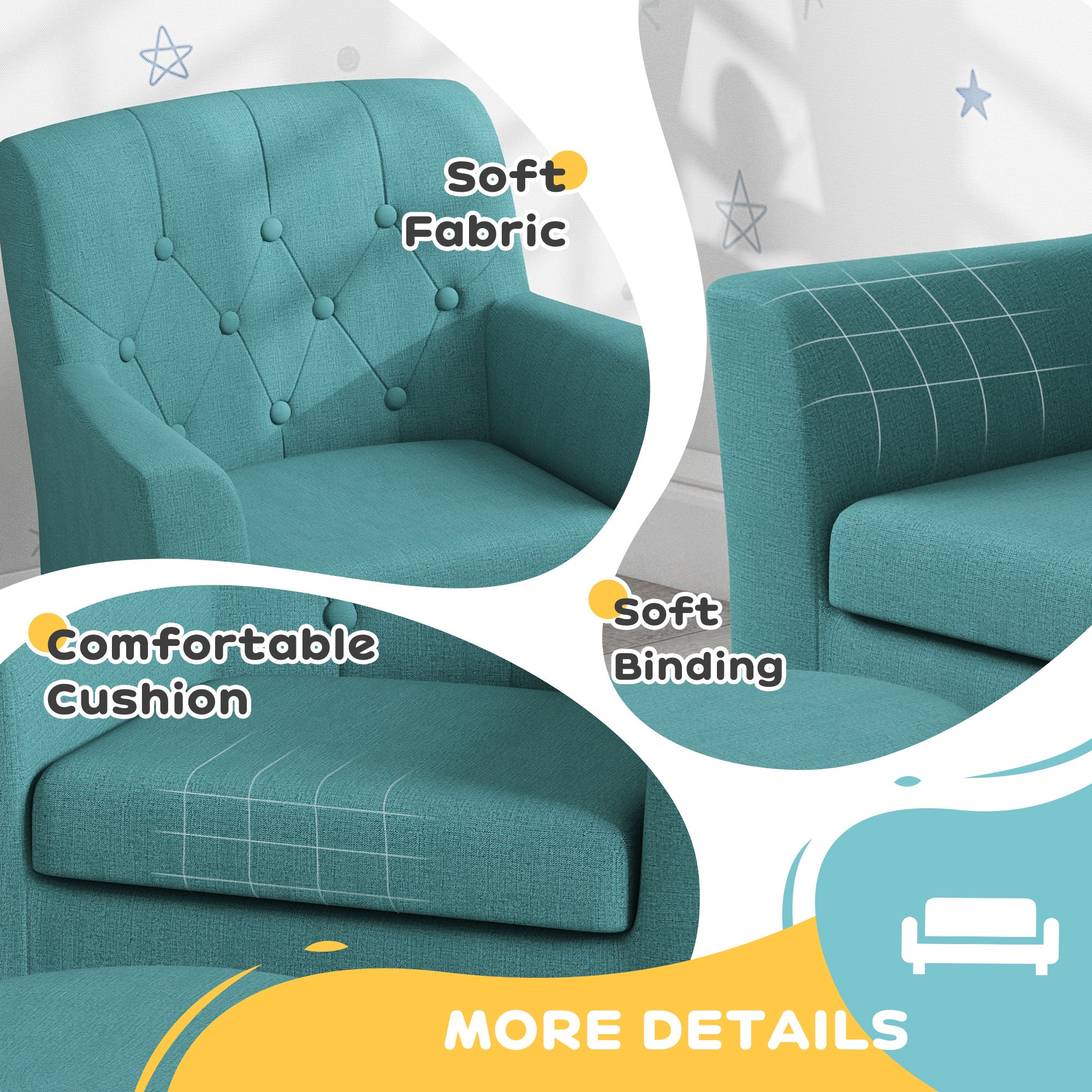 2PCs Kids Sofa Set with Footrest, for Playroom, Bedroom, Blue