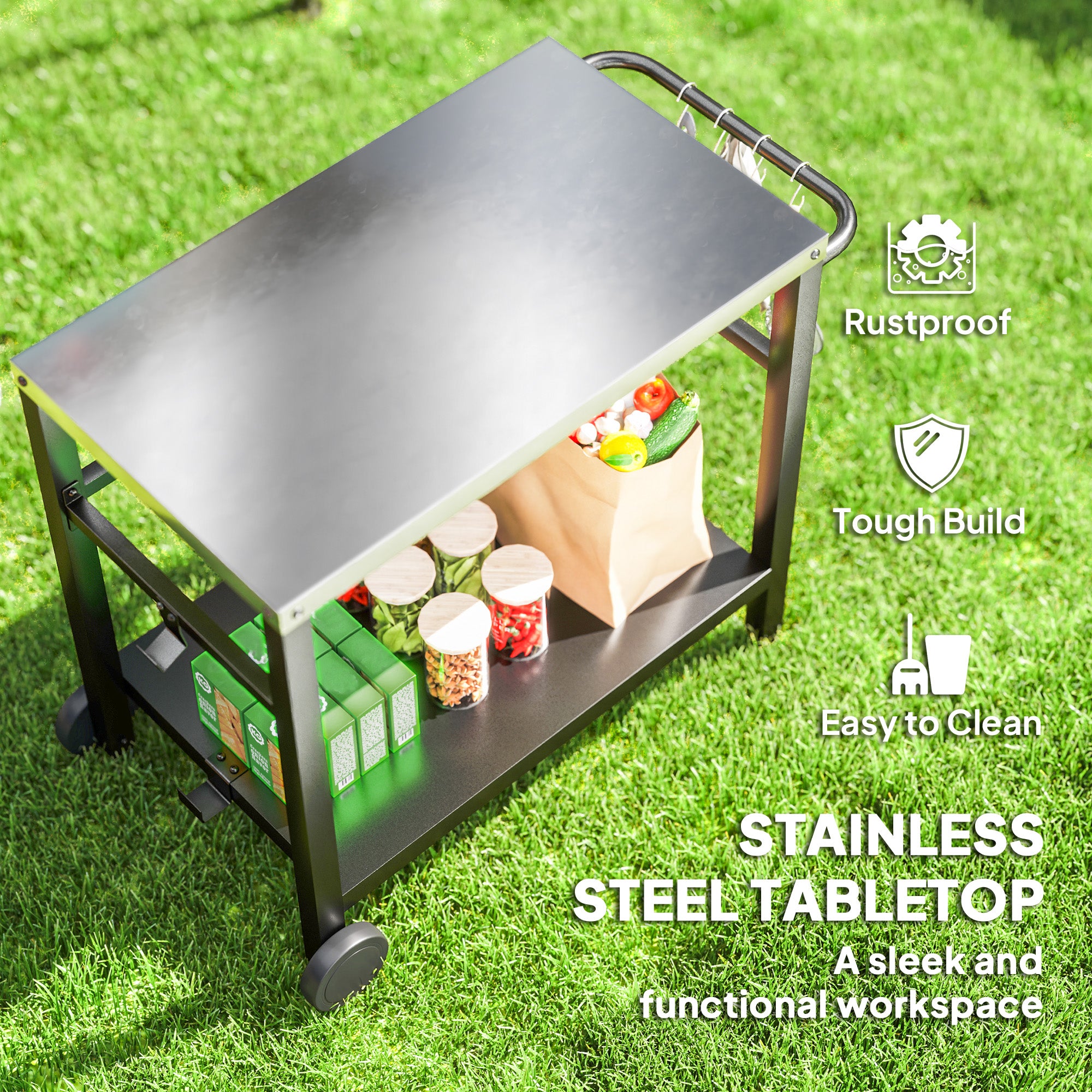 Outdoor Grill Dining Cart with 2 Shelves, Stainless Steel Top, Wheels & Hooks - Charcoal Grey
