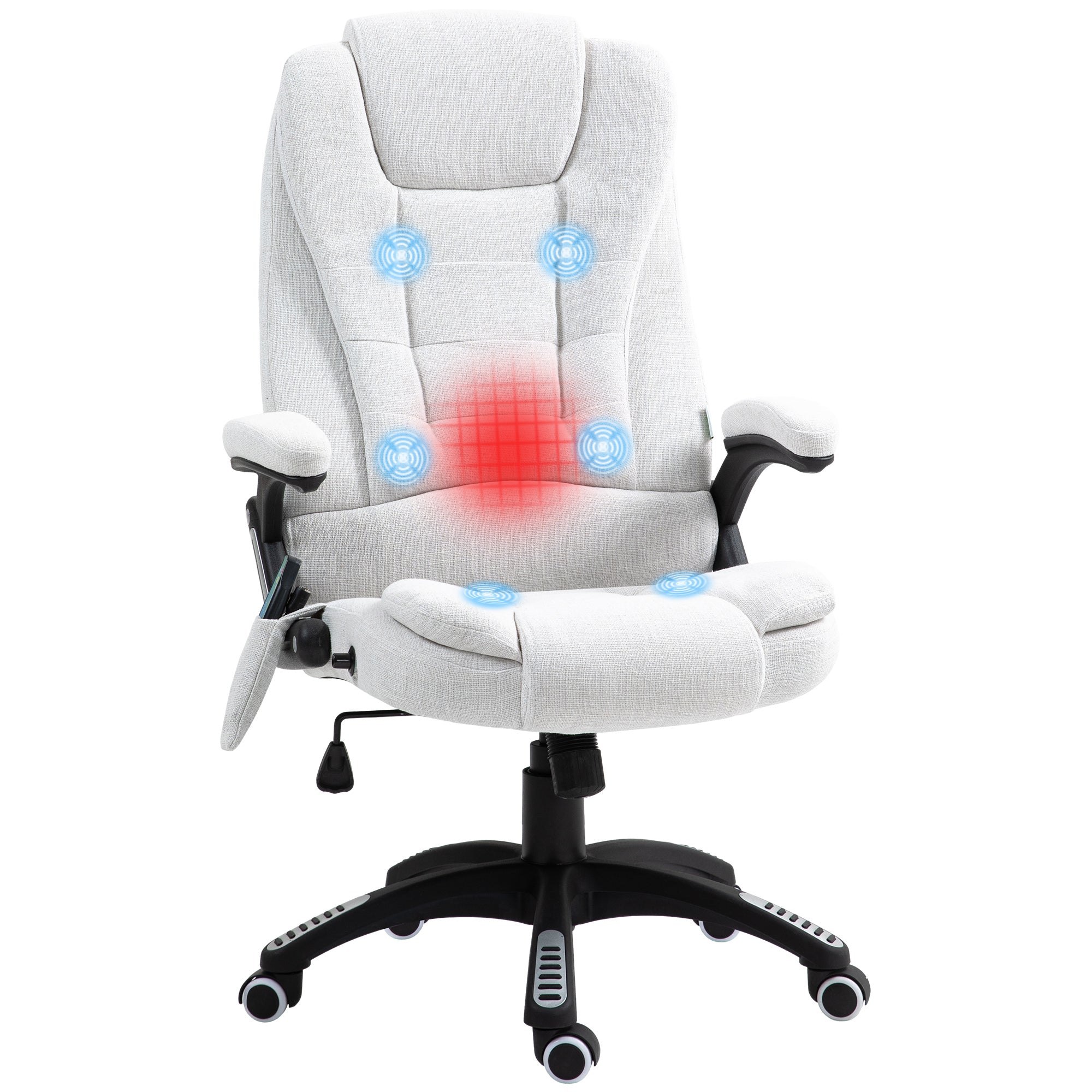 Massage Recliner Chair Heated Office Chair with Six Massage Points Linen-Feel Fabric 360° Swivel Wheels Cream White