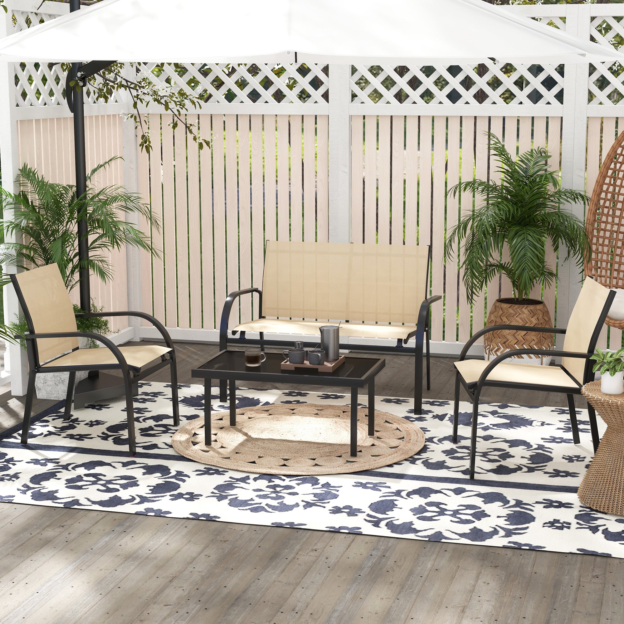 Four-Piece Curved Steel Garden Dining Set - Beige/Grey