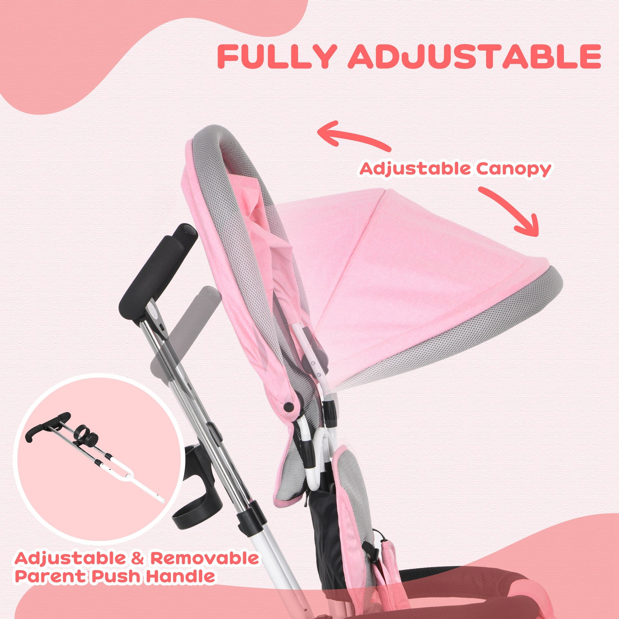 6 in 1 Kids Trike Push Bike w/ Push Handle, Canopy, 5-point Safety Belt, Storage, Footrest, Brake, for 1-5 Years, Pink