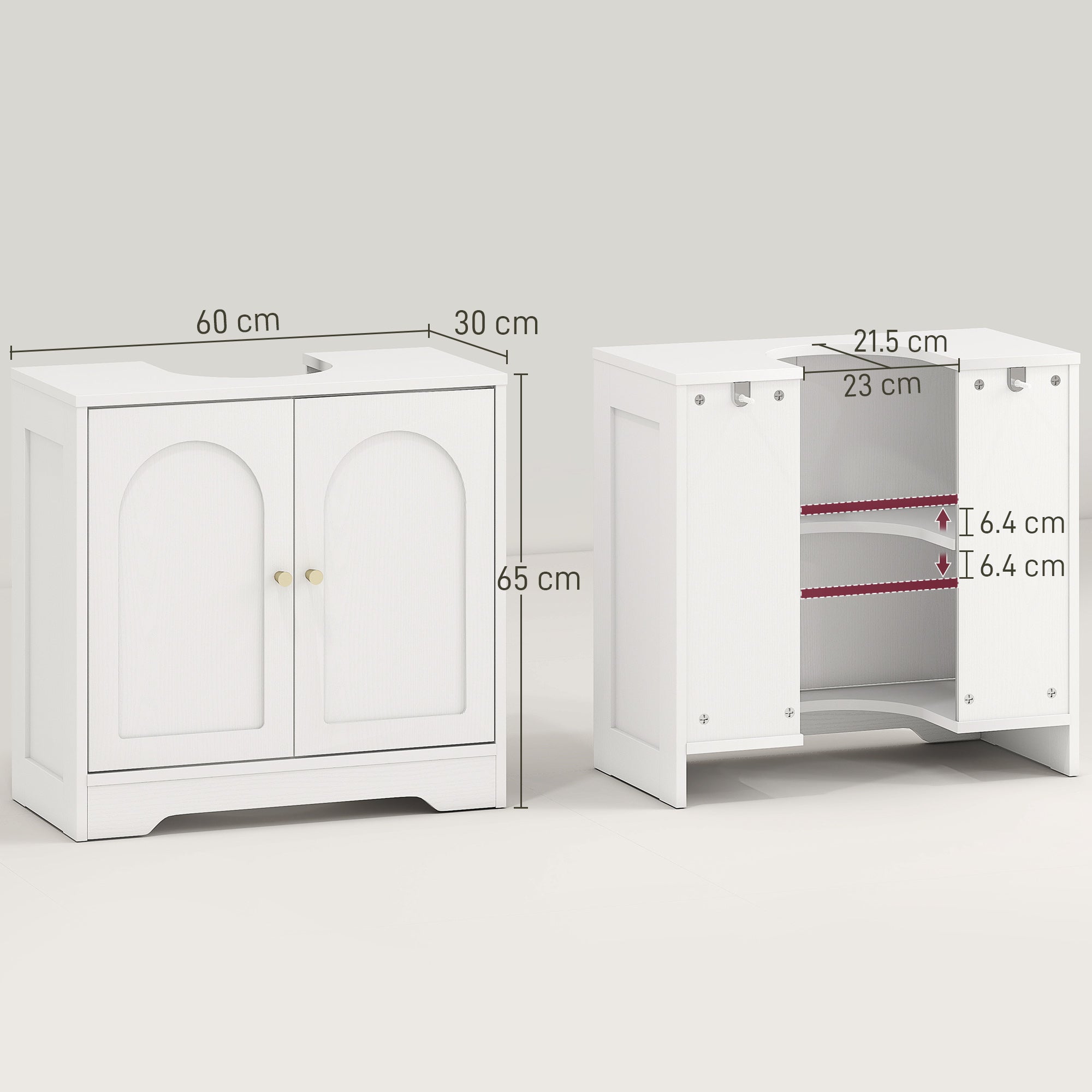 Under Sink Bathroom Cabinet with 2 Arch Doors - White