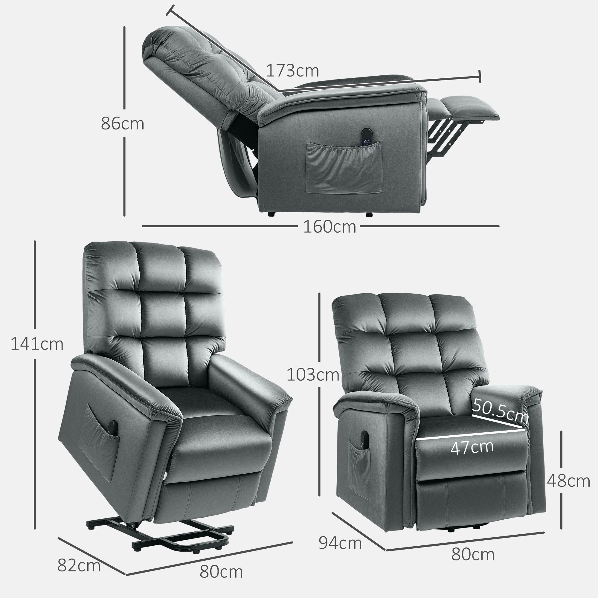Velvet-Feel Electric Lift Recliner Chair - Dark Grey