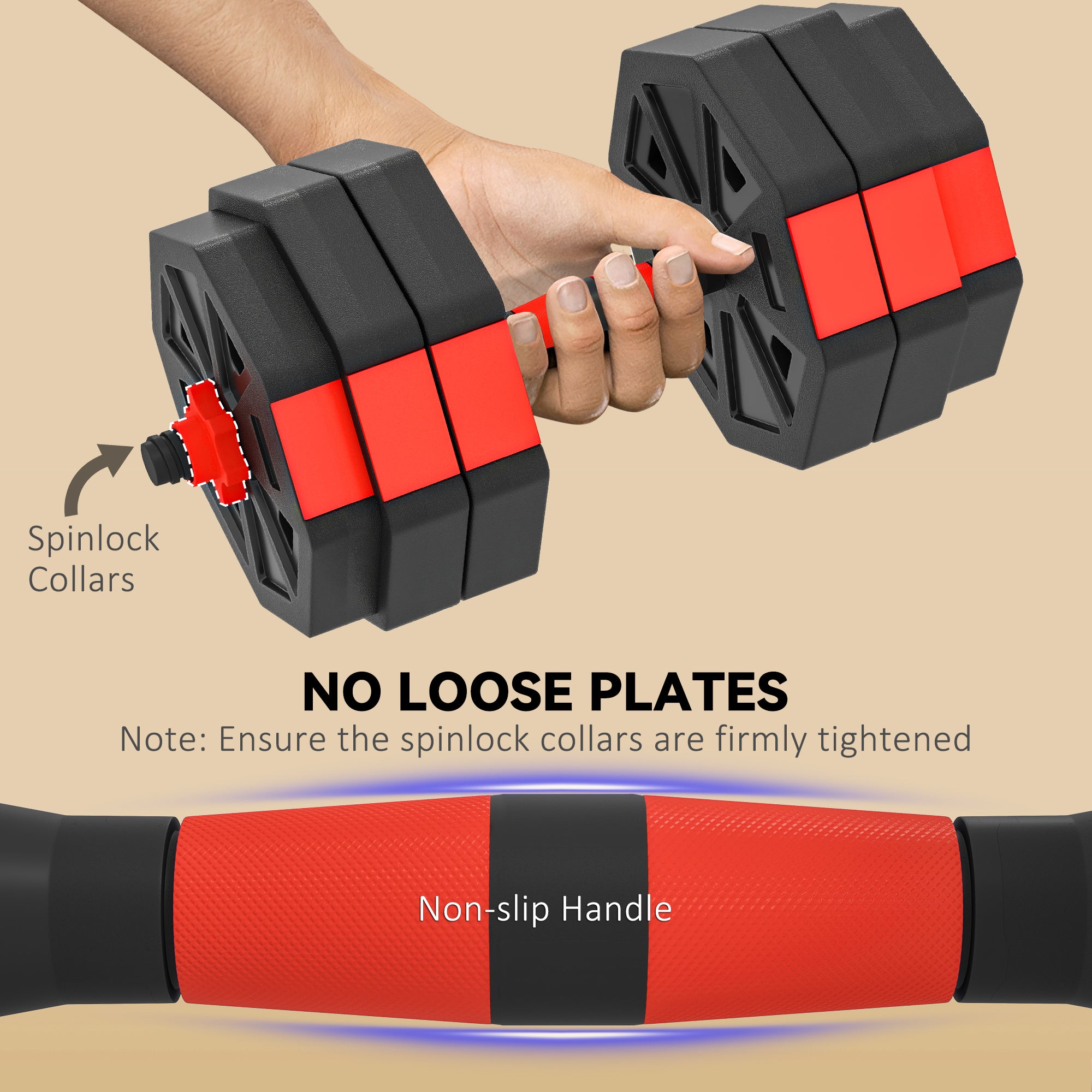 6-in-1 Adjustable Weight Dumbbells Set, Used as Kettlebell, Barbell, Dumbbell, Push-Up Stand, 30kg Free Weights Set for Men and Women Home Gym Training, Red